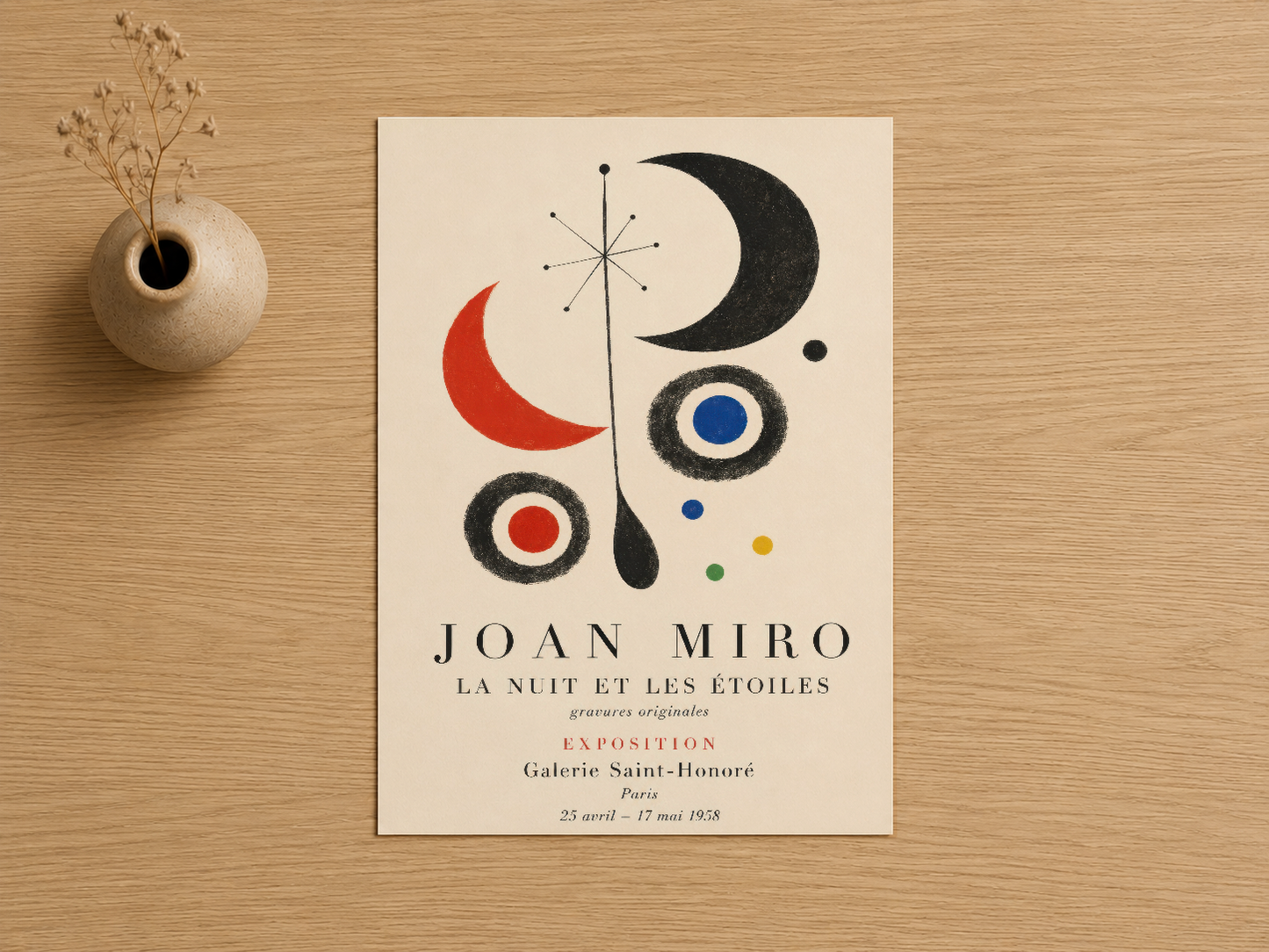 Joan Mirö La Nuit et les Étoiles parodı sergisi afişi, minimalist tasarımla ay ve yıldız motiflerinde.