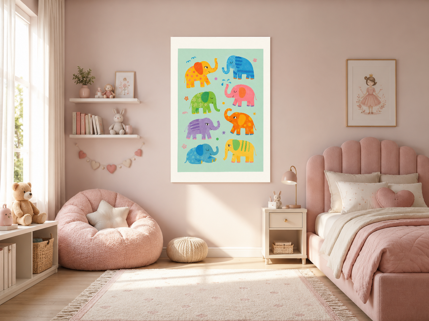 Canlı renkli fiiller sanat eseri, pembe kız çocuk yatak odasında beyaz çerçevede duvar dekorasyonu olarak asılı.