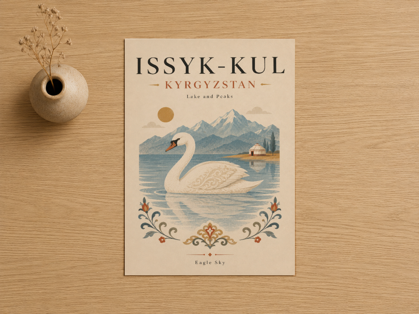 Issyk-Kul Kyrgyzistan duvar tablosu, göl ve dağlarla çevrili zarif kuğu çizimine sahip retro sanat baskısı.