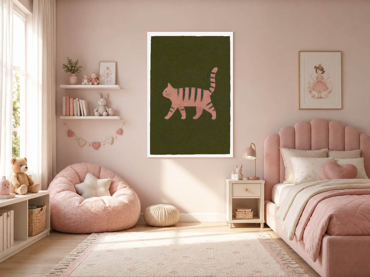 Pembe çizgili kedi silueti koyu yeşil arka plana karşı, çerçeveli duvar sanatı pembe yatak odasında.