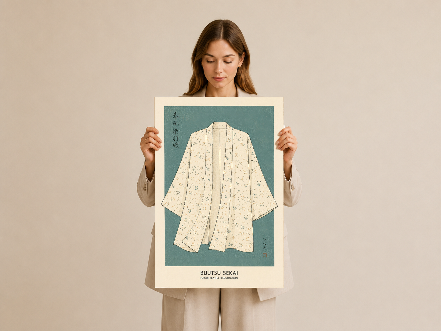 Teal arka plan üzerine krem renkli kimono tasarımı, Builtsu Sekai koleksiyonundan evrensel bir dekorasyon parçası.