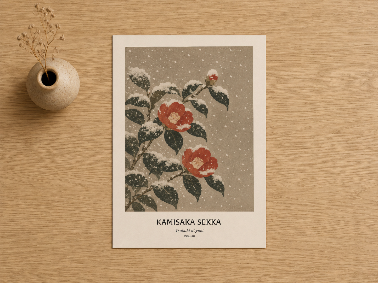 Kamisaka Sekka tasarımı kızıl çiçekli duvar tablosu, beyaz marş sanatı baskısı olarak sunuluyor.