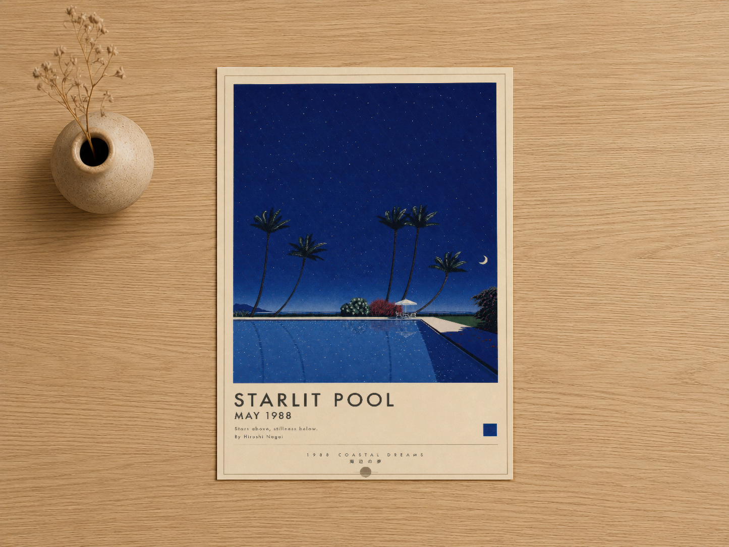 Starlit Pool 1988 vintage poster, çerçeveli tasarımıyla palm ağaçları ve mavi yüzme havuzu sahnesi.