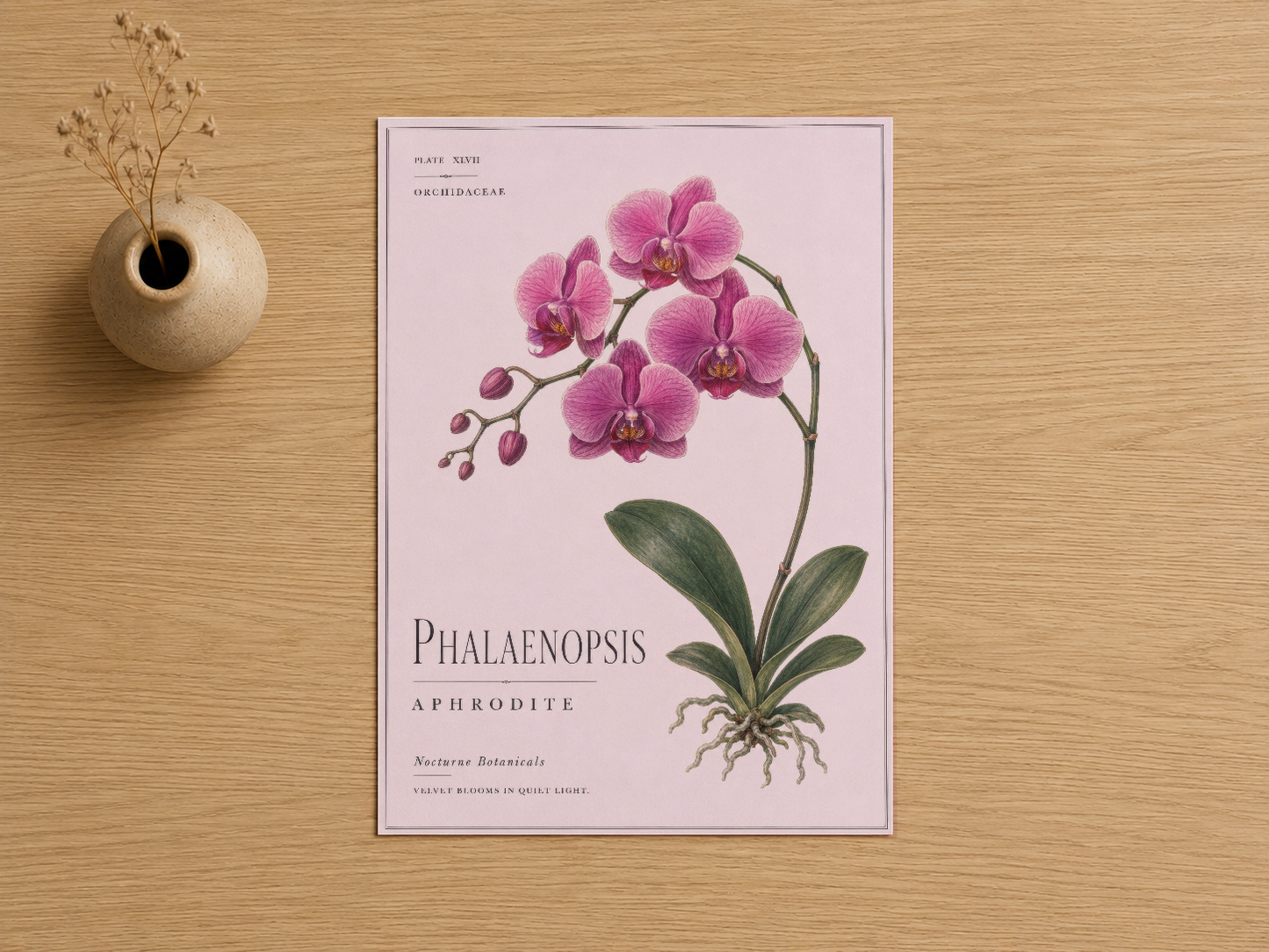 Klasik botanik resim stilinde Phalaenopsis aphrodite tablosu, beyaz çerçeve içinde ahşap zeminde.