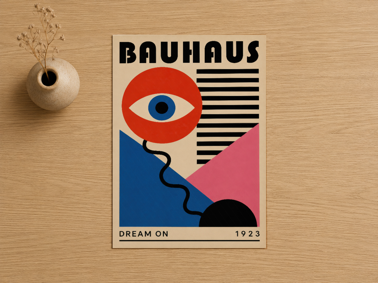 Bauhaus poster, cesur kırmızı göz motifi, siyah çizgiler ve renkli geometrik bölümler, vintage estetik.