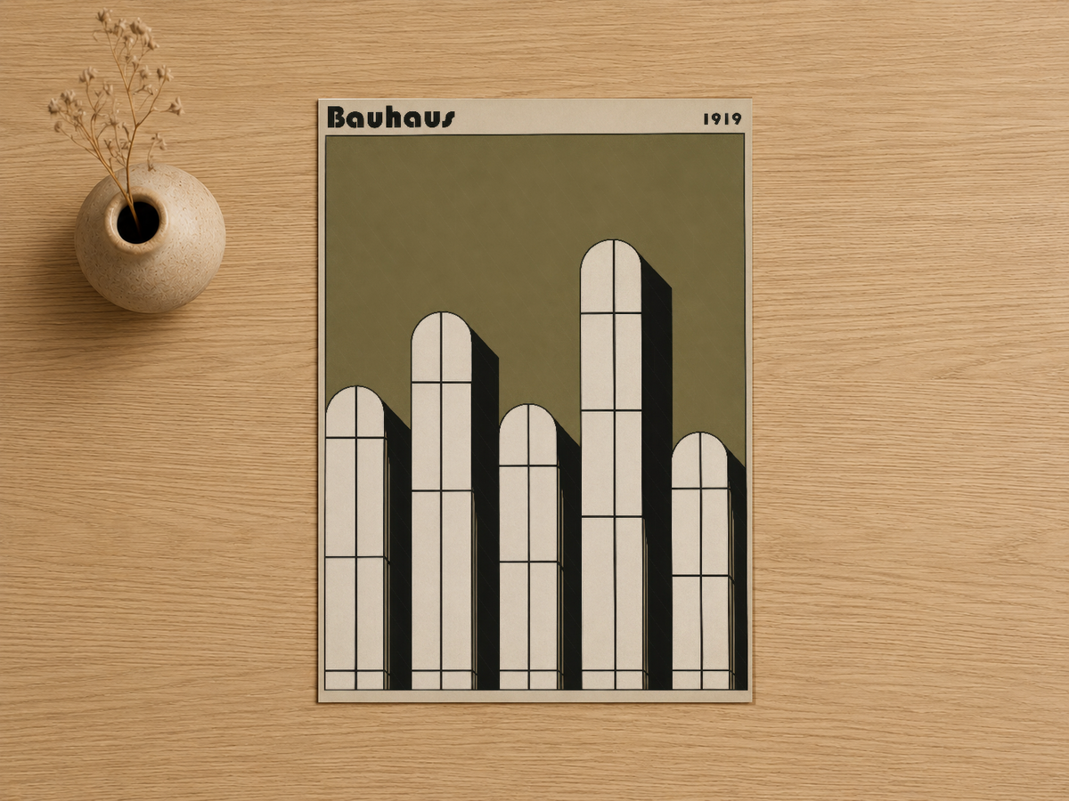 Bauhaus 1919 koleksiyonundan siyah-beyaz pencere motifli geometrik poster, ahşap zemin üzerinde.
