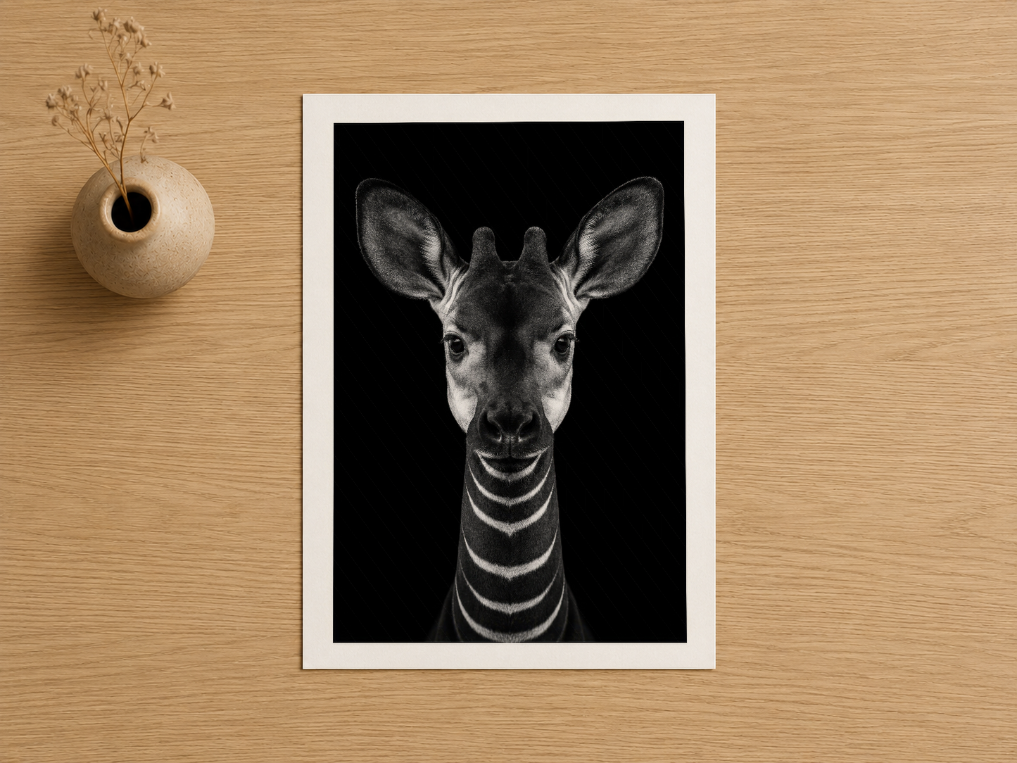 Siyah fonda detaylı zebra yüzü, beyaz mat çerçeve içinde sanat baskısı.