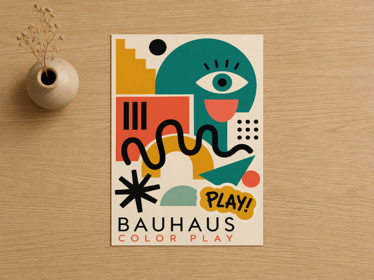 Bauhaus Color Play posteri, soyut geometrik şekiller ve göz motifleriyle Bauhaus tasarım felsefesini yansıtıyor.