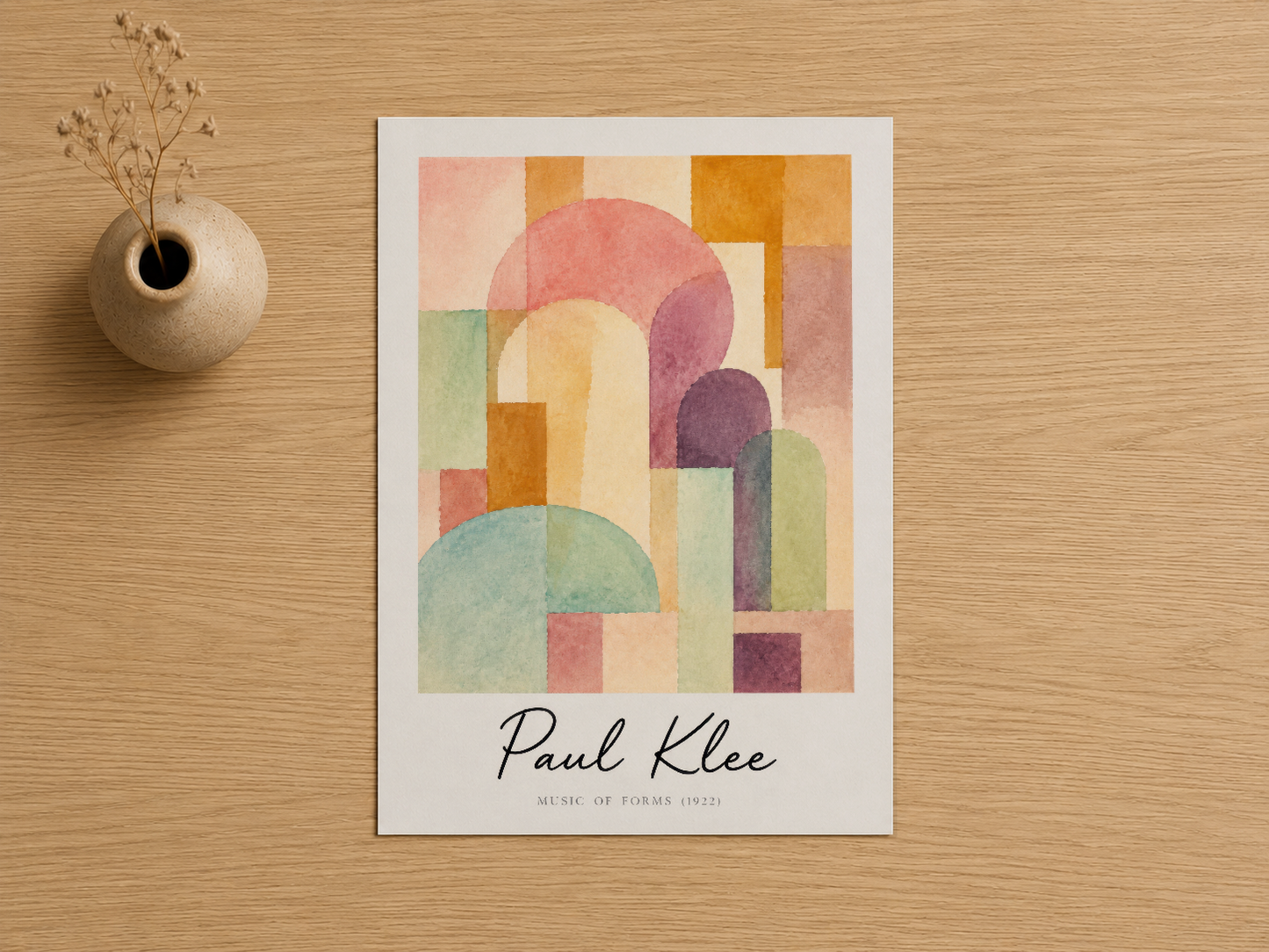 Paul Klee'nin Music of Forms eserinden ilham alan canlı renklerdeki soyut geometrik poster baskı.