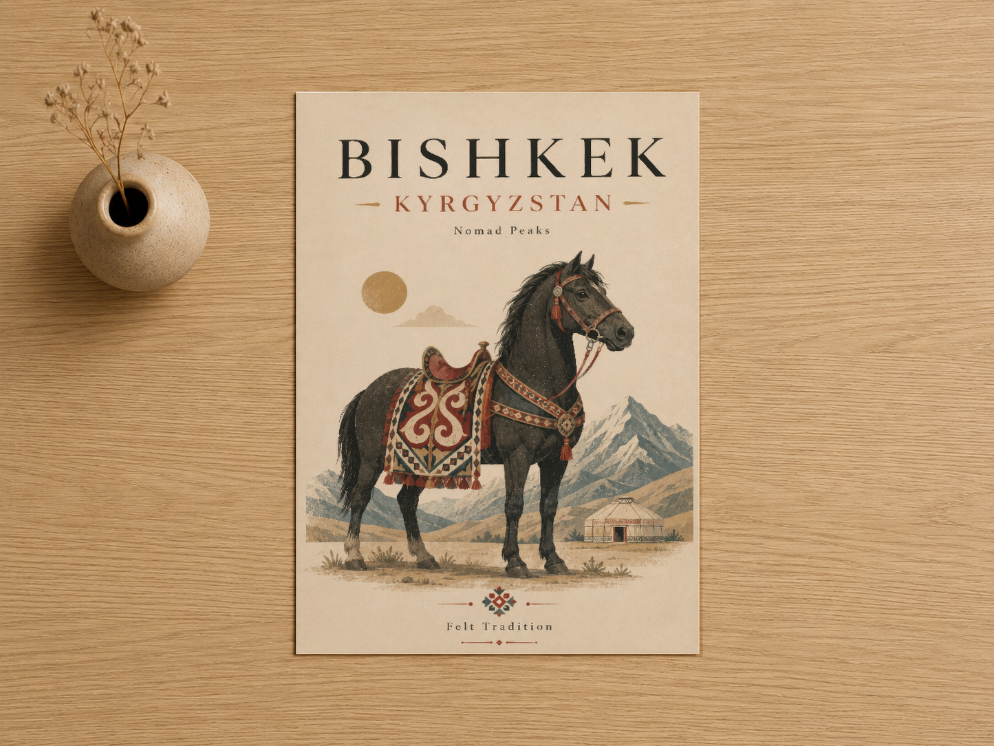 Kültürel at motifli Bishkek Kırgızistan sanat baskısı, ahşap zemin üzerinde detaylı görünüm.