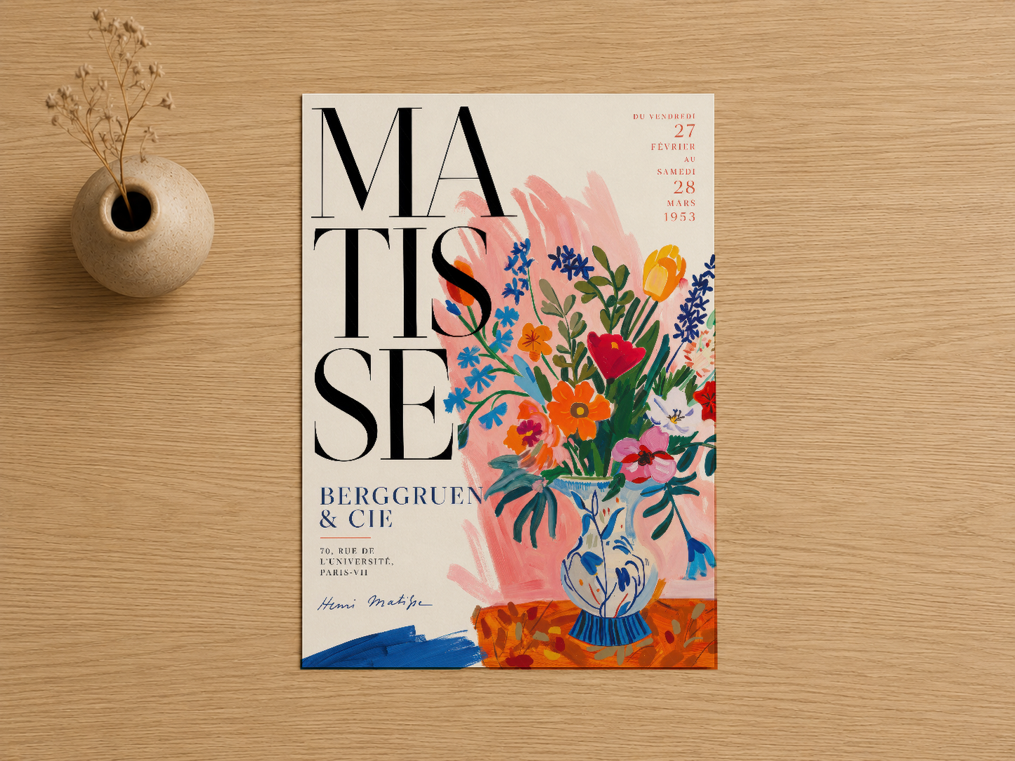 Pembe Mavi Turuncu Matisse Çiçek Vazosu Vintage Poster Duvar Tablosu