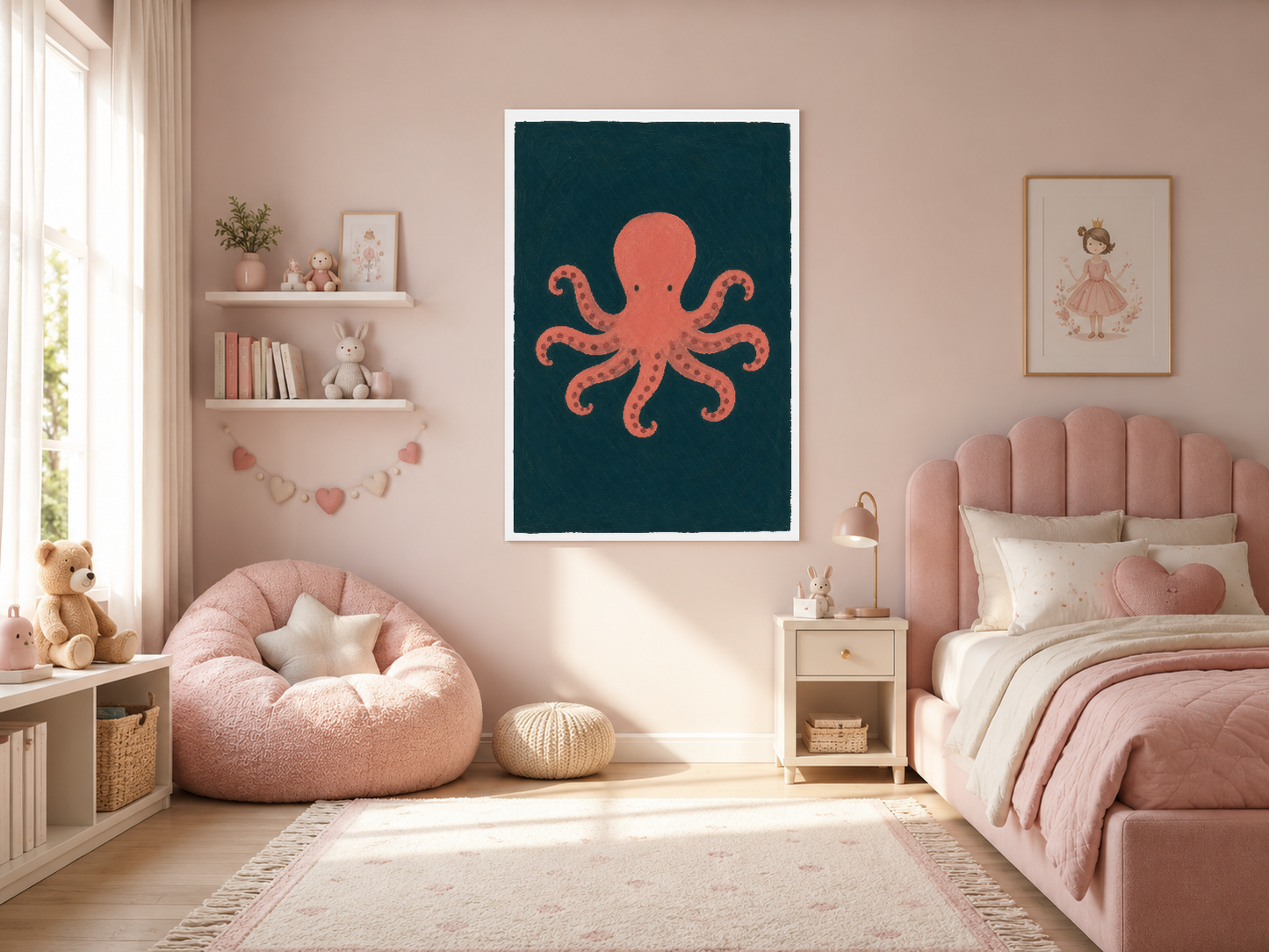Mercan ahtapotu sanat baskısı, koyu yeşil arka plan, pembe tema kız çocuk yatak odası duvarında.