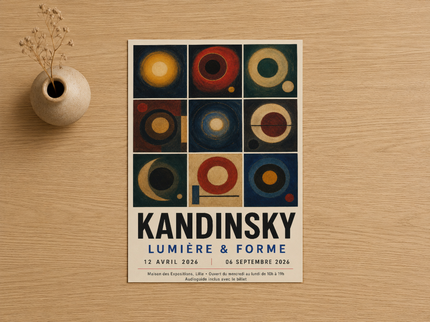 Kandinsky'nin renkli geometrik daire deseni, samimi ahşap masada sergilenen sanat posterinin yakın görüntüsü.