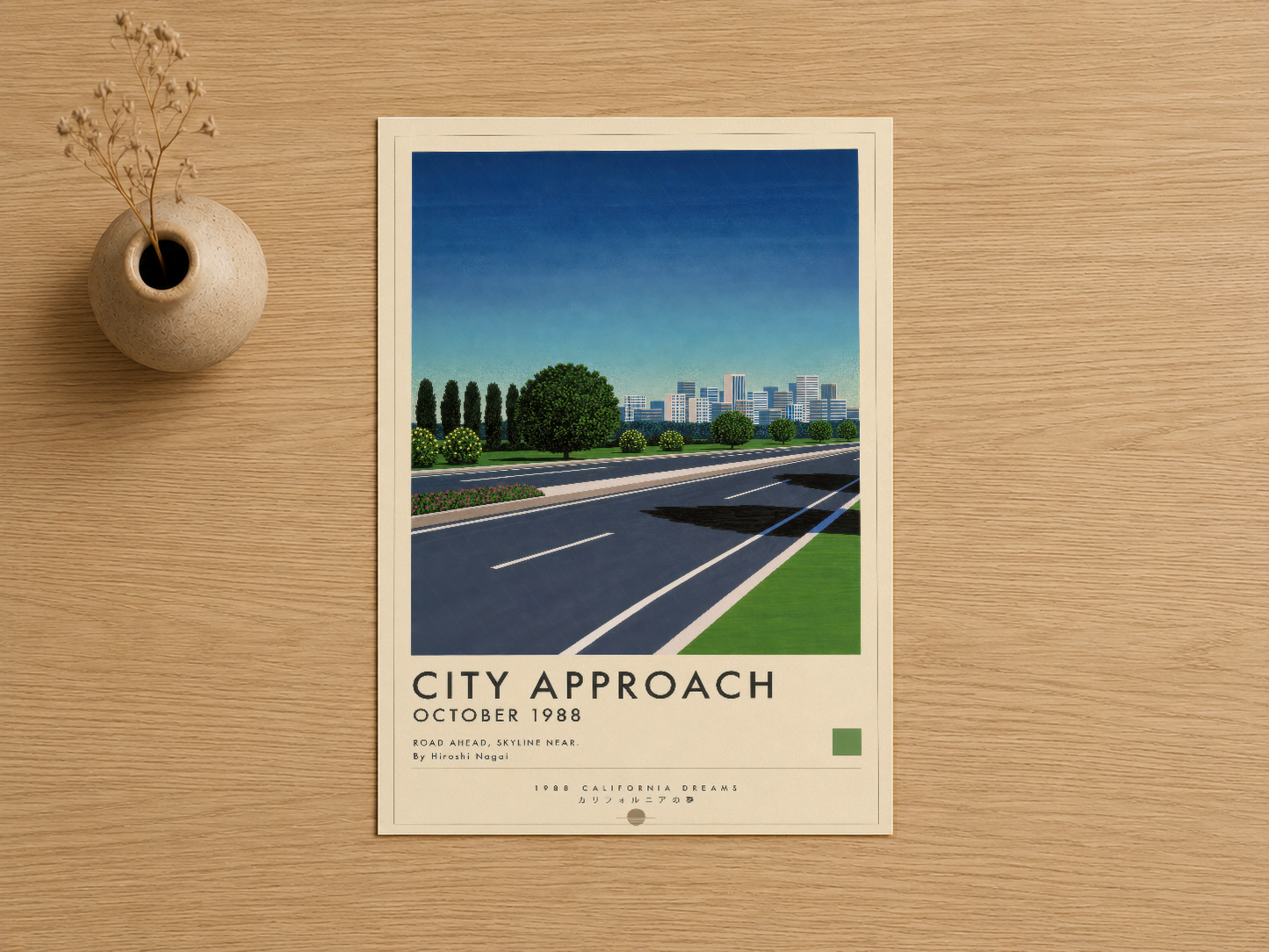 Otoyol ve skyline görüntüsü ile City Approach posteri, retro typography stilinde, çerçeveli baskı.