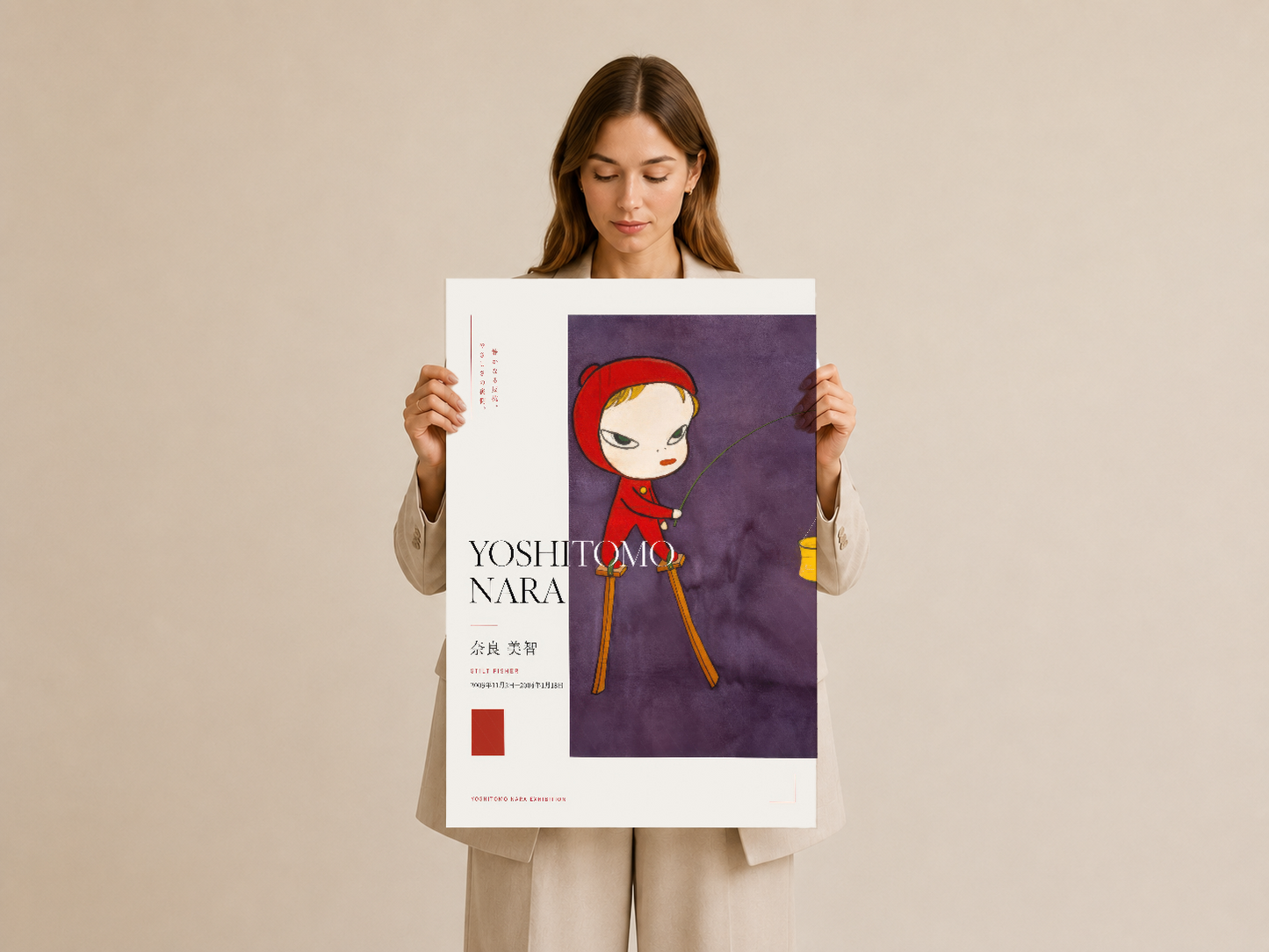 Kırmızı elbiseli Yoshitomo Nara karakterini tasvir eden, sanat baskısı poster, minimalist tasarım ve Japon kökenli estetik.