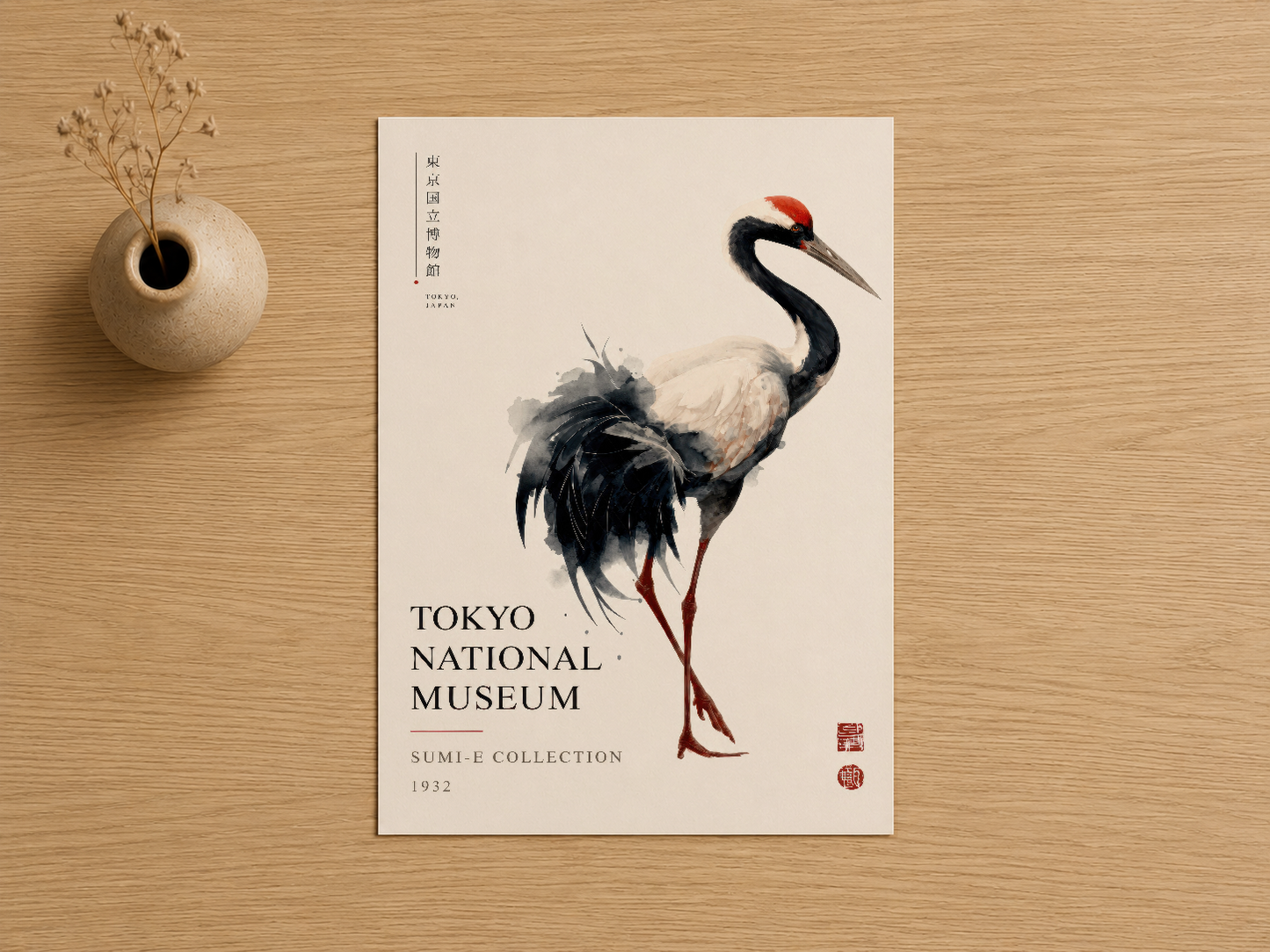 Sumi-e stilinde turna illüstrasyonu, Tokyo National Museum 1932 koleksiyonundan esinlenen poster.