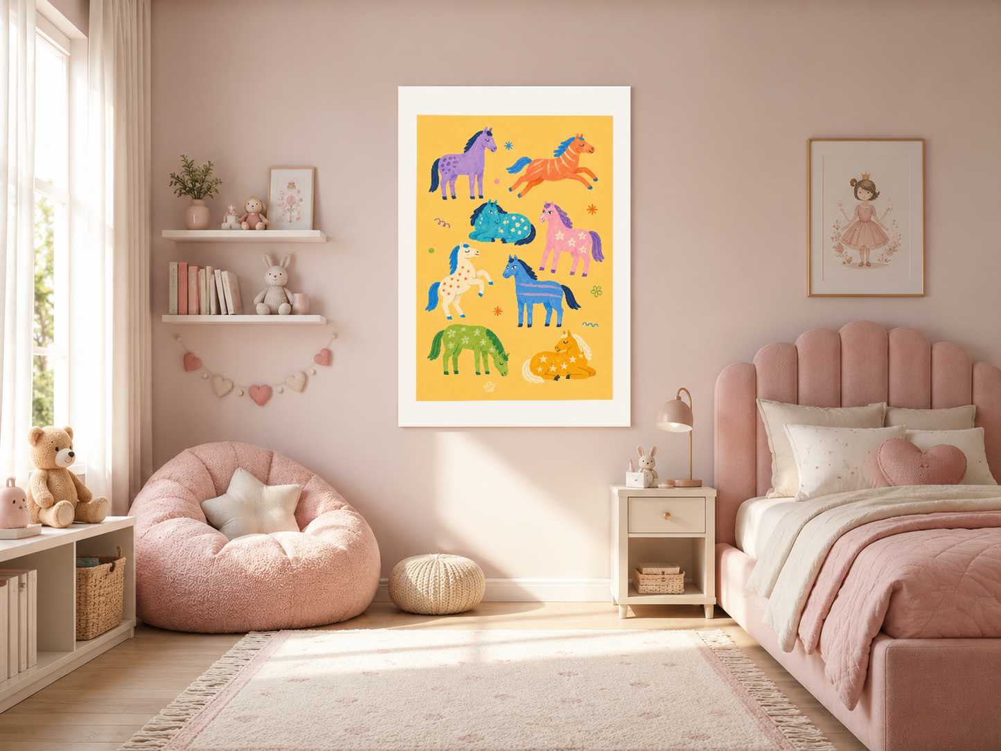 Pembe yatak odasında duran, çok renkli hayvan desenli sarı duvar tablosu.