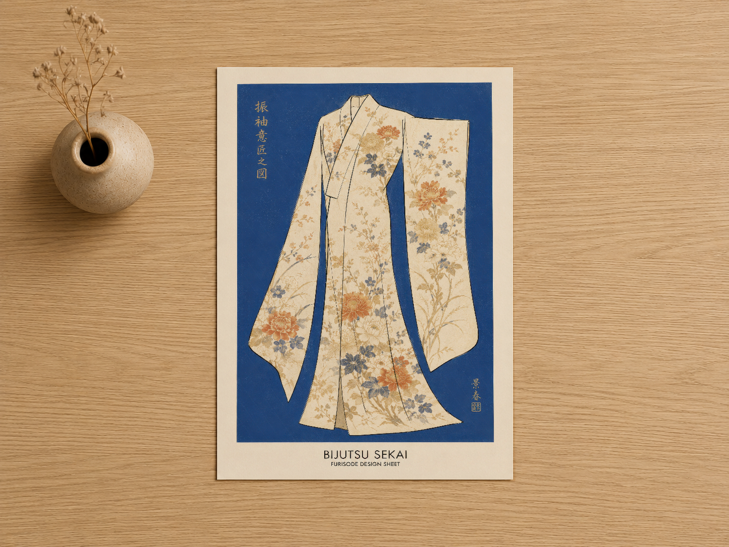 Çiçekli kimono silüeti koyu mavi arka plana karşı, Bijutsu Sekai başlıklı arşiv kalitesi poster baskı.