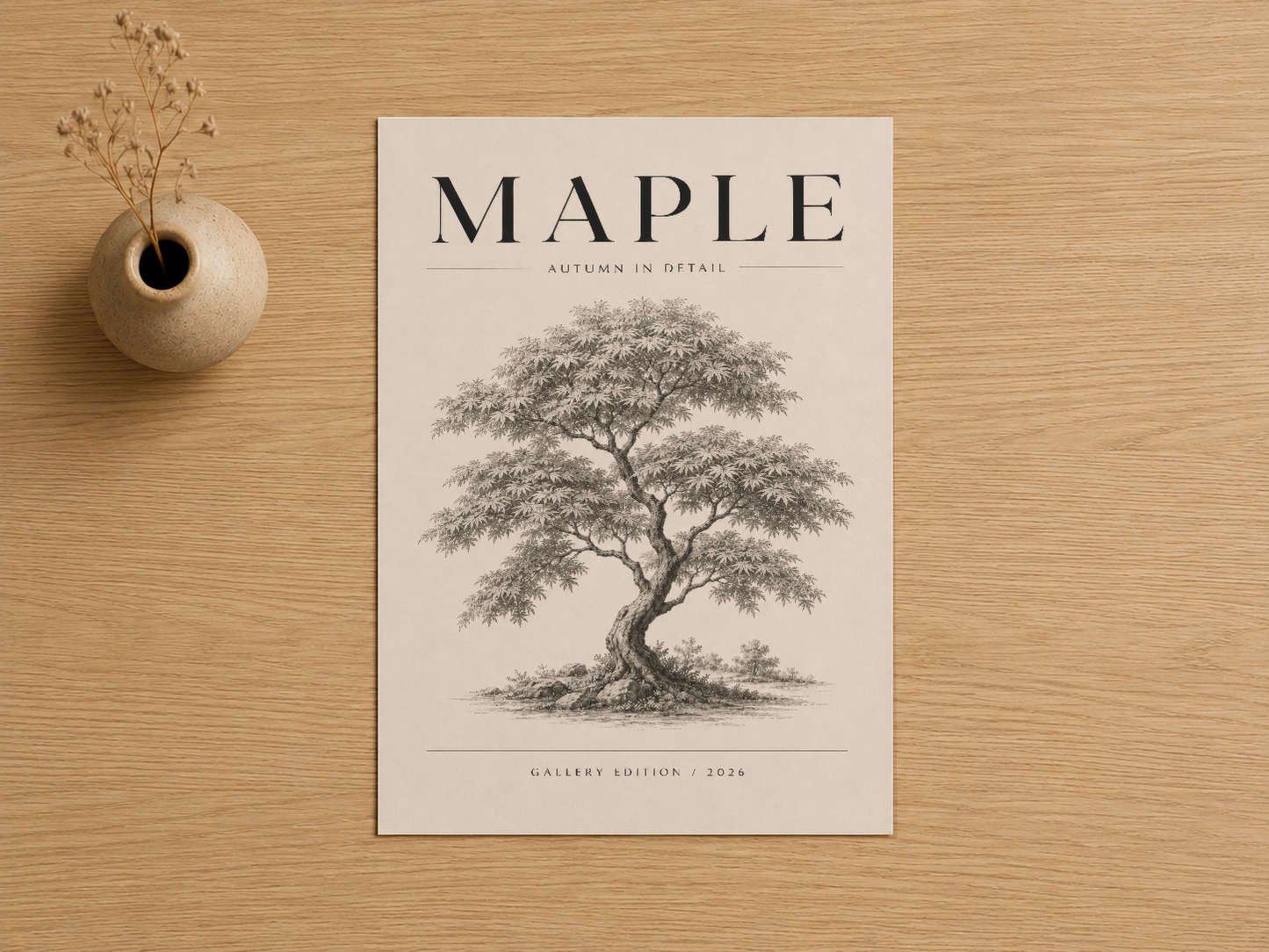 Maple ağacının detaylı botanik illüstrasyonunu gösteren, krem renkli arka fonda siyah mürekkep çizimi.