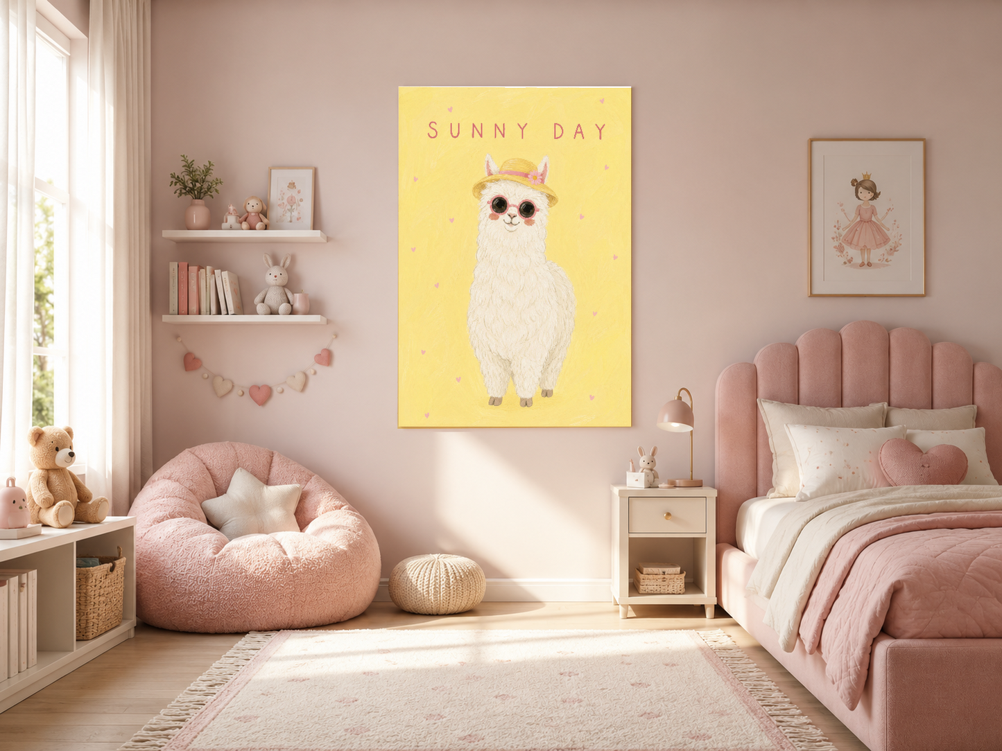 Gülümseyen pembe boynuzlu beyaz lamacı tasvir eden, pembe tonlu kız çocuk odasına uyum sağlayan canlı sarı tablodur.