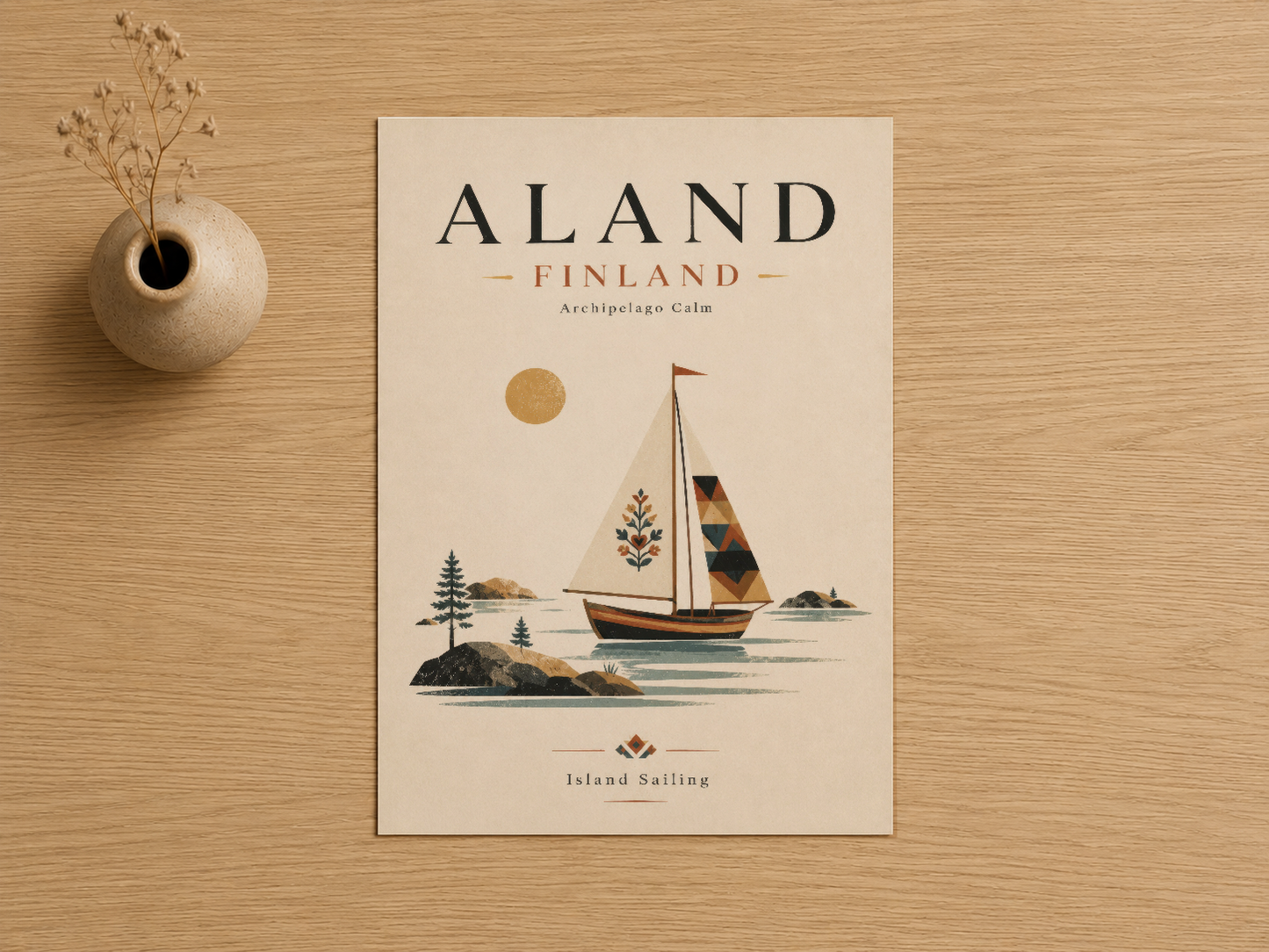 Aland Finland sanat baskısı, nostaljik yelkenli ve ada sahnesi, krem renk zeminde.