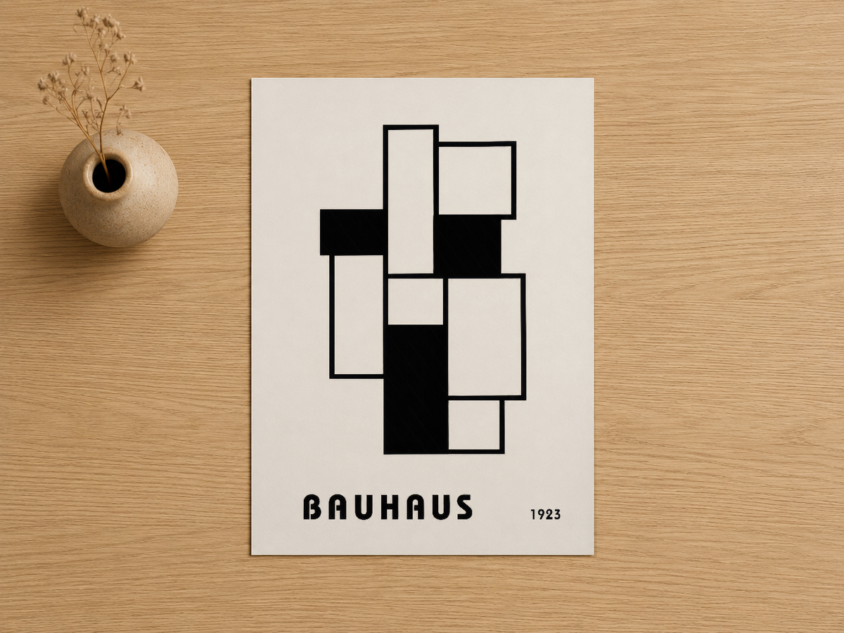 1923 Bauhaus koleksiyonundan geometrik soyut tablo, siyah ve beyaz blok tasarım.