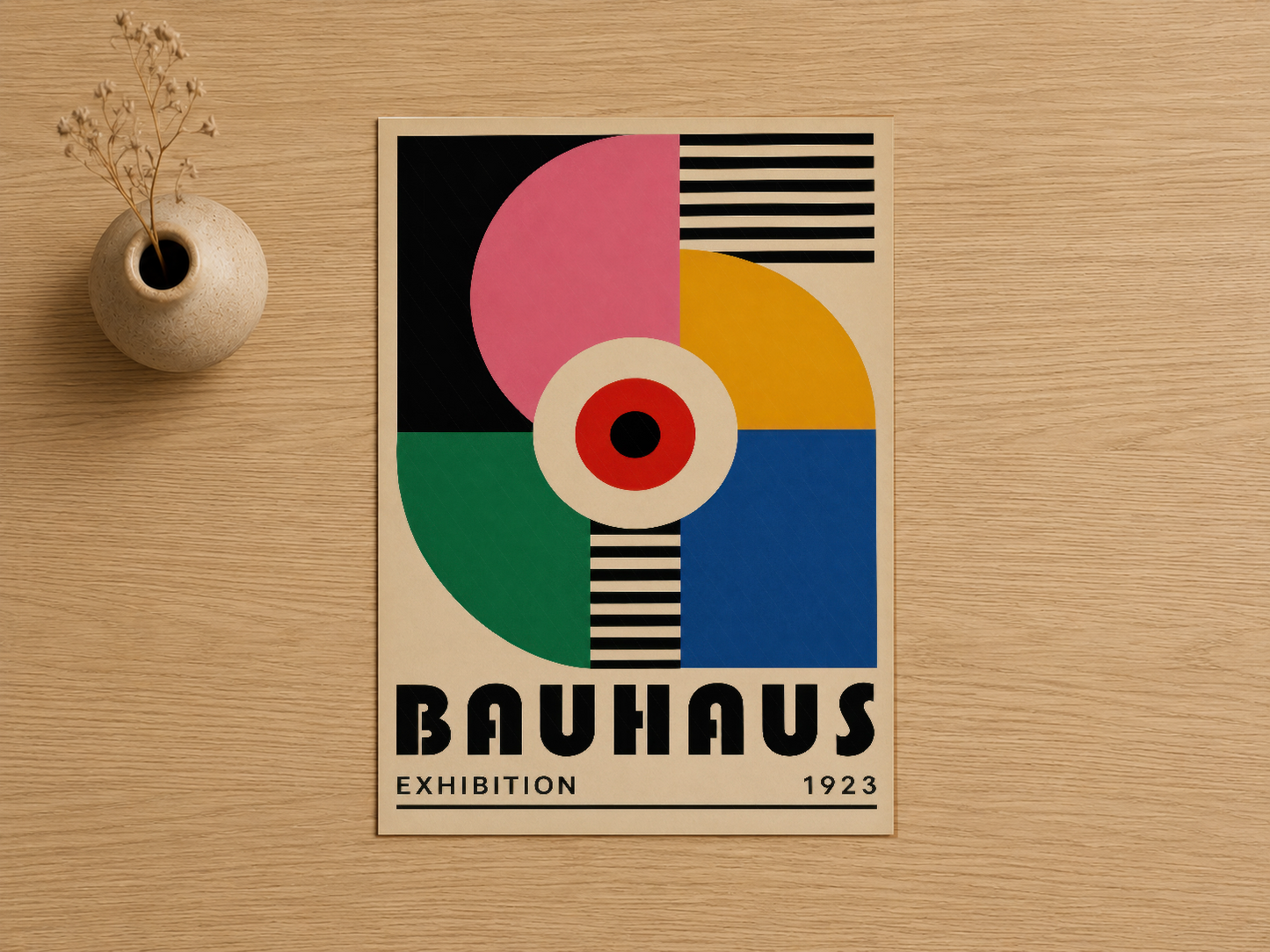 Renkli daireler ve çizgilerle tasarlanan 1923 Bauhaus sergisi posteri, avangard sanat stili tablosu.