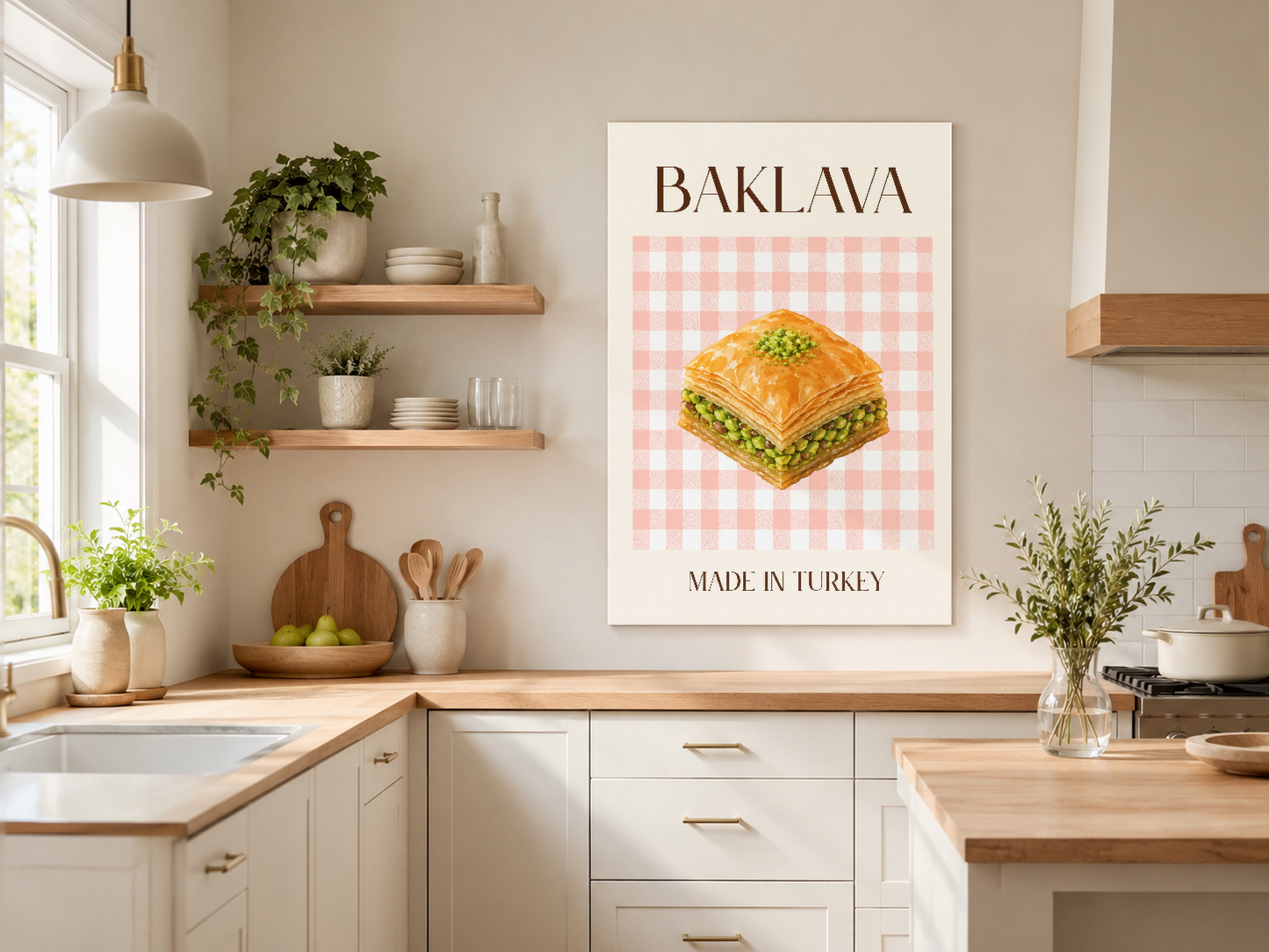 Baklava baskı tablonun yakın görünümü, pembe kareli desen ve Made in Turkey yazısı ile mutfak duvarında.
