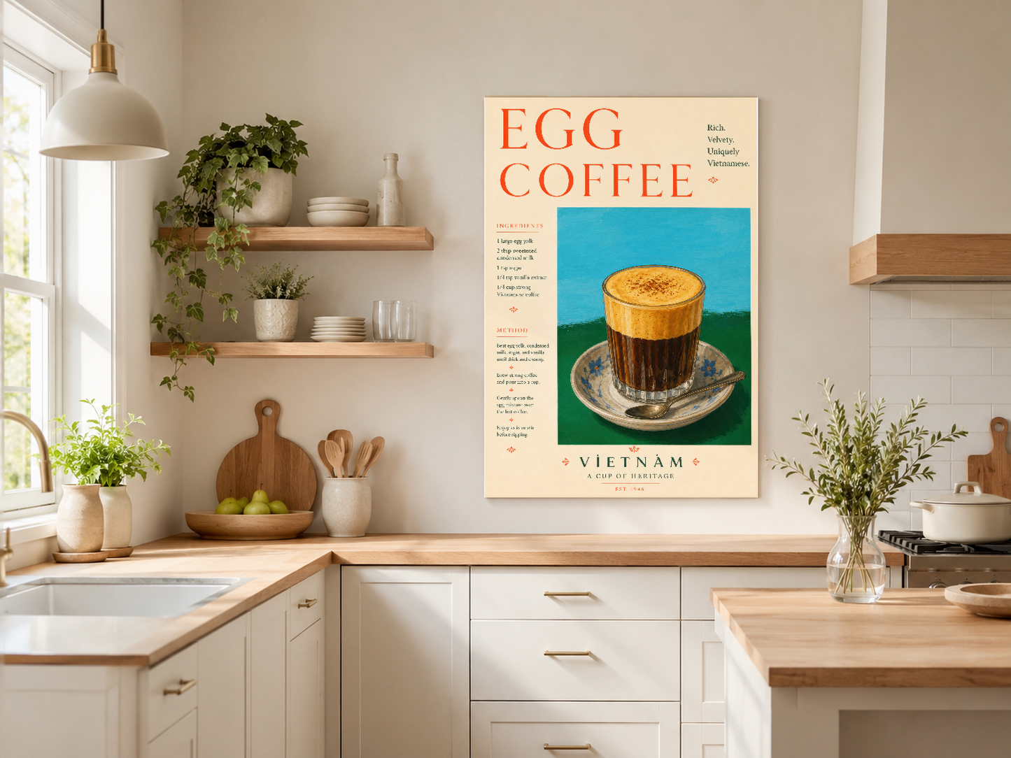 Egg Coffee poster, retro travel sanatı stiliyle, cream arka planında turuncu yazı ve mavi kahve görseli.
