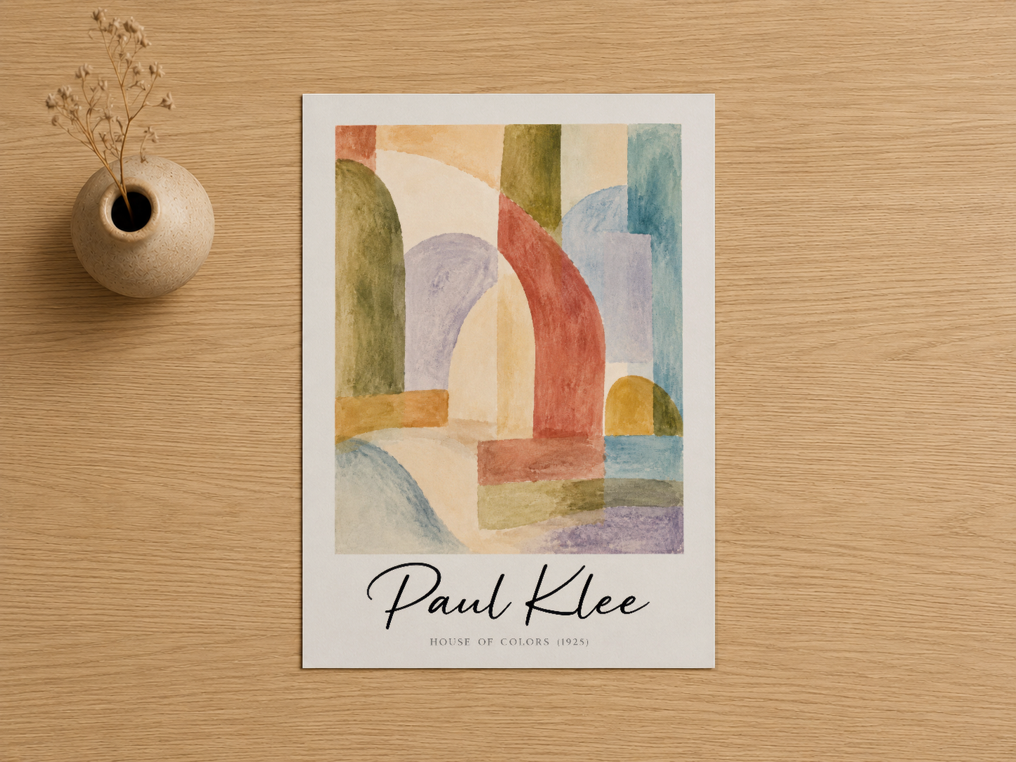 Paul Klee House of Colors 1925 tasarımı, renkli soyut geometrik formlar ve sakin pastel tonlarıyla sanat baskısı.