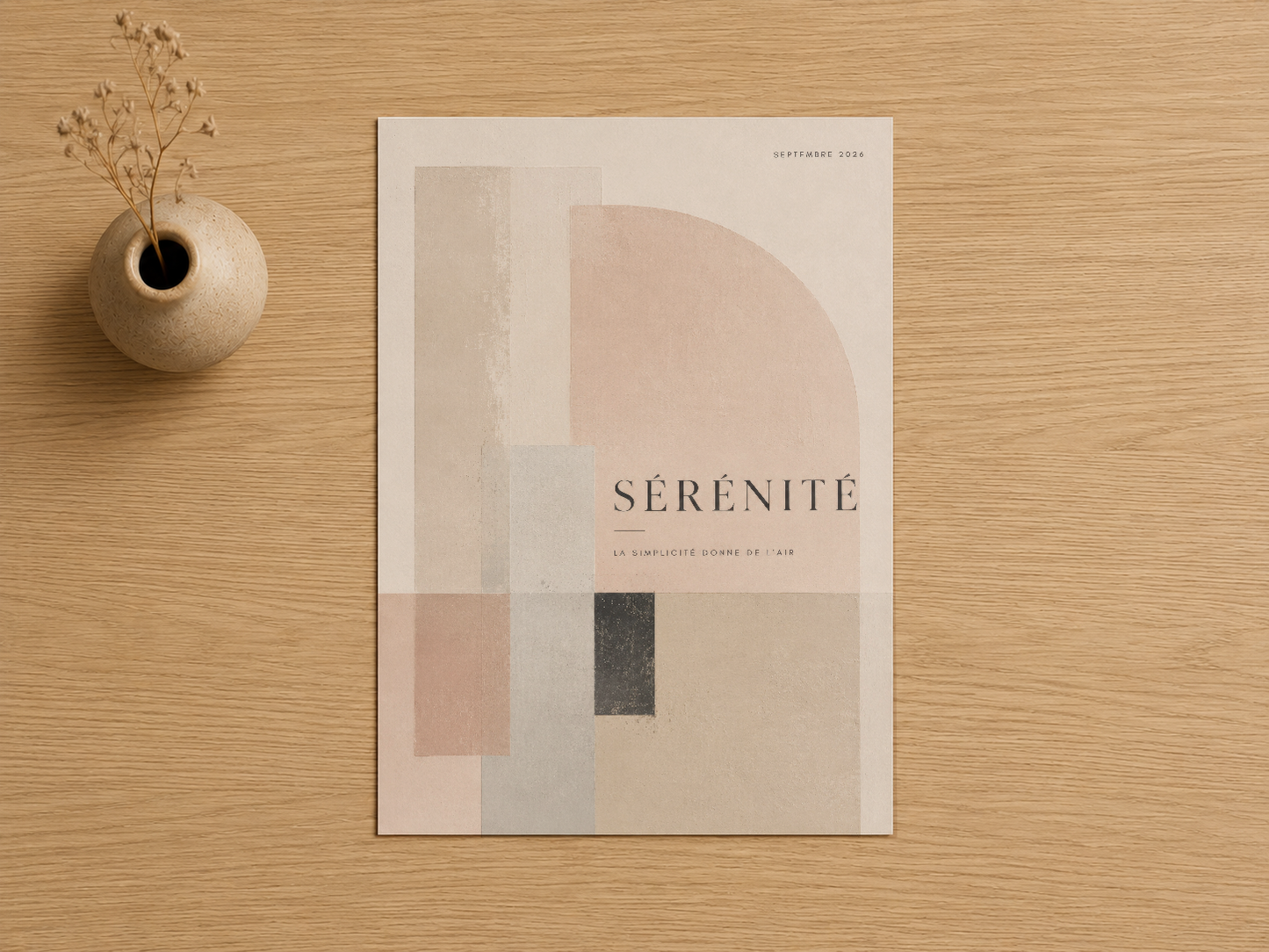 Sérénité baskısı, ahşap yüzeyde, pastel renkli geometrik şekiller ve sofistike tipografi ile şık bir sanat eseridir.