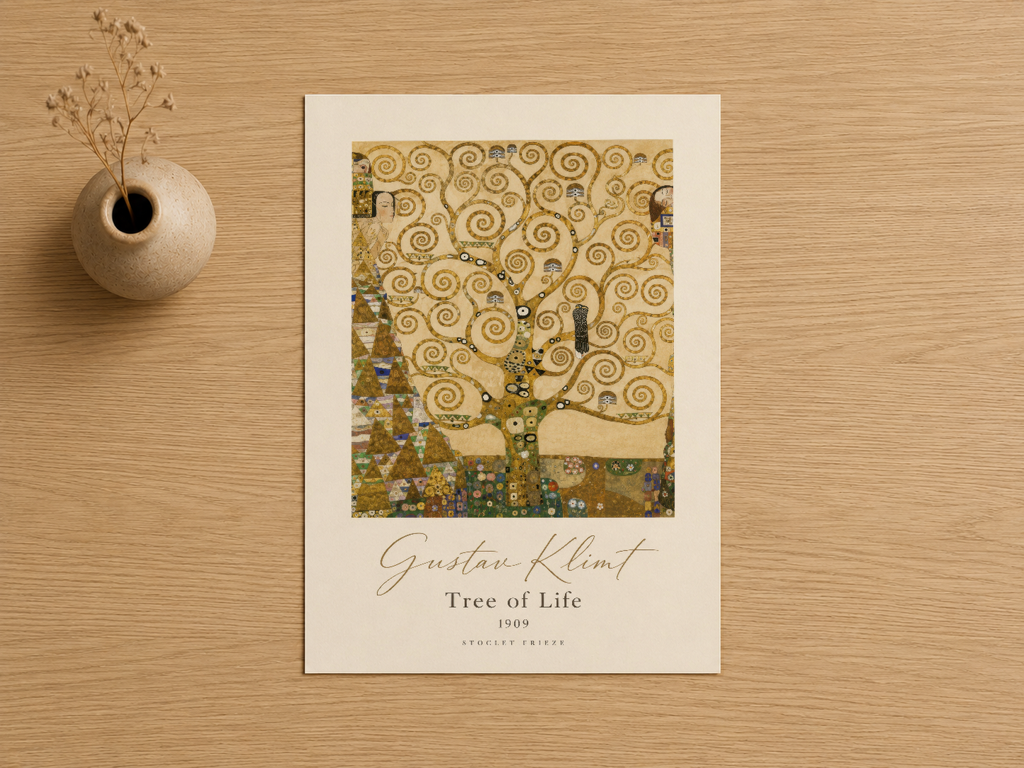 Klimt'in sembolik Yaşam Ağacı tablosu, çerçeveli sanat baskısı olarak sunuluyor.