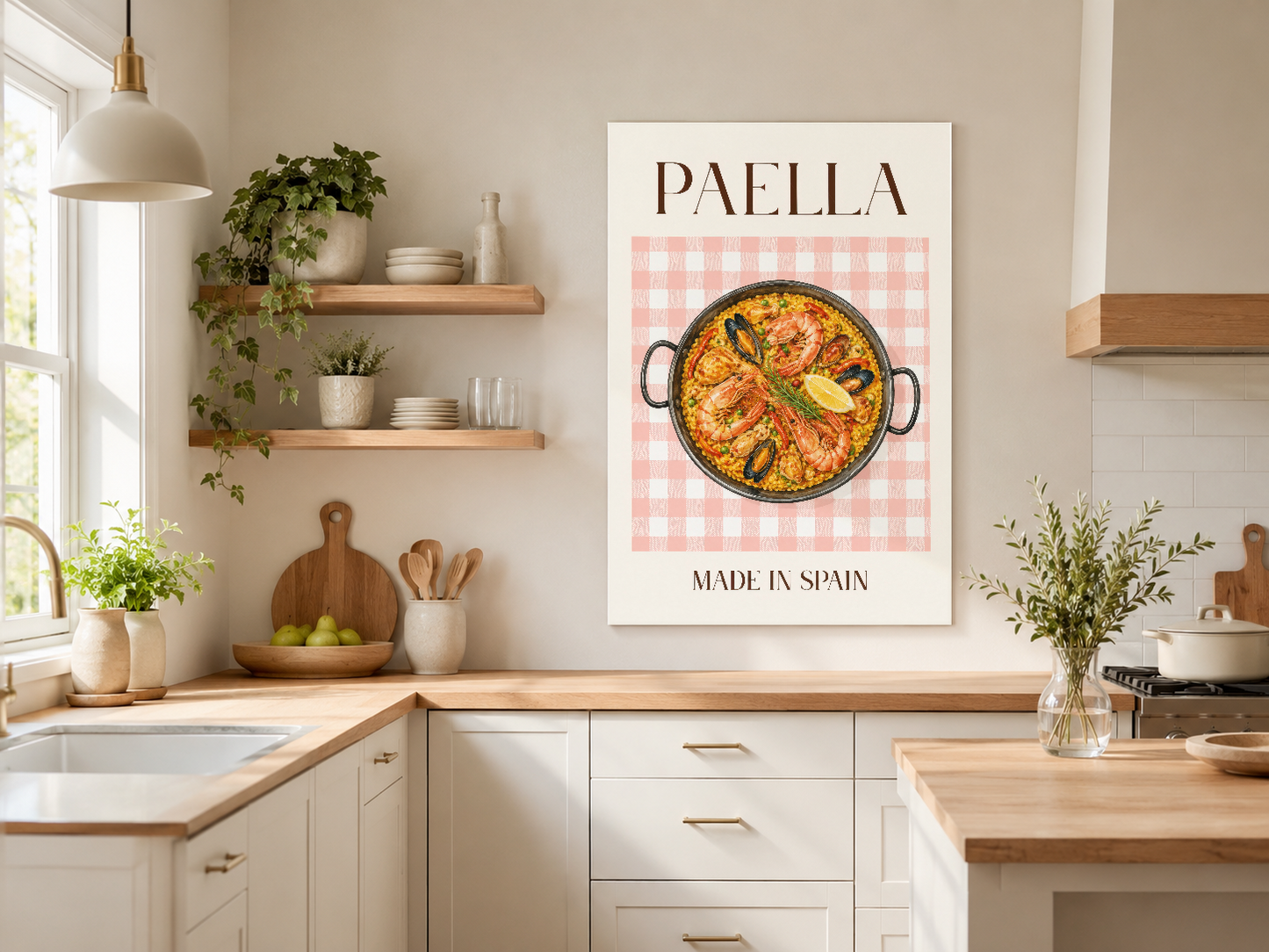 Made in Spain yazılı Paella posteri, pembe vichy desenli arkaplanla Akdeniz tasarımı sunan duvar tablosu, mutfak ortamını