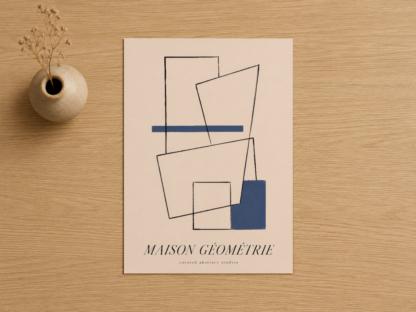 Maison Géométrie tasarımlı poster, soyut çizgiler ve koyu mavi detaylarla oluşturulmuş minimalist geometrik sanat eseri.