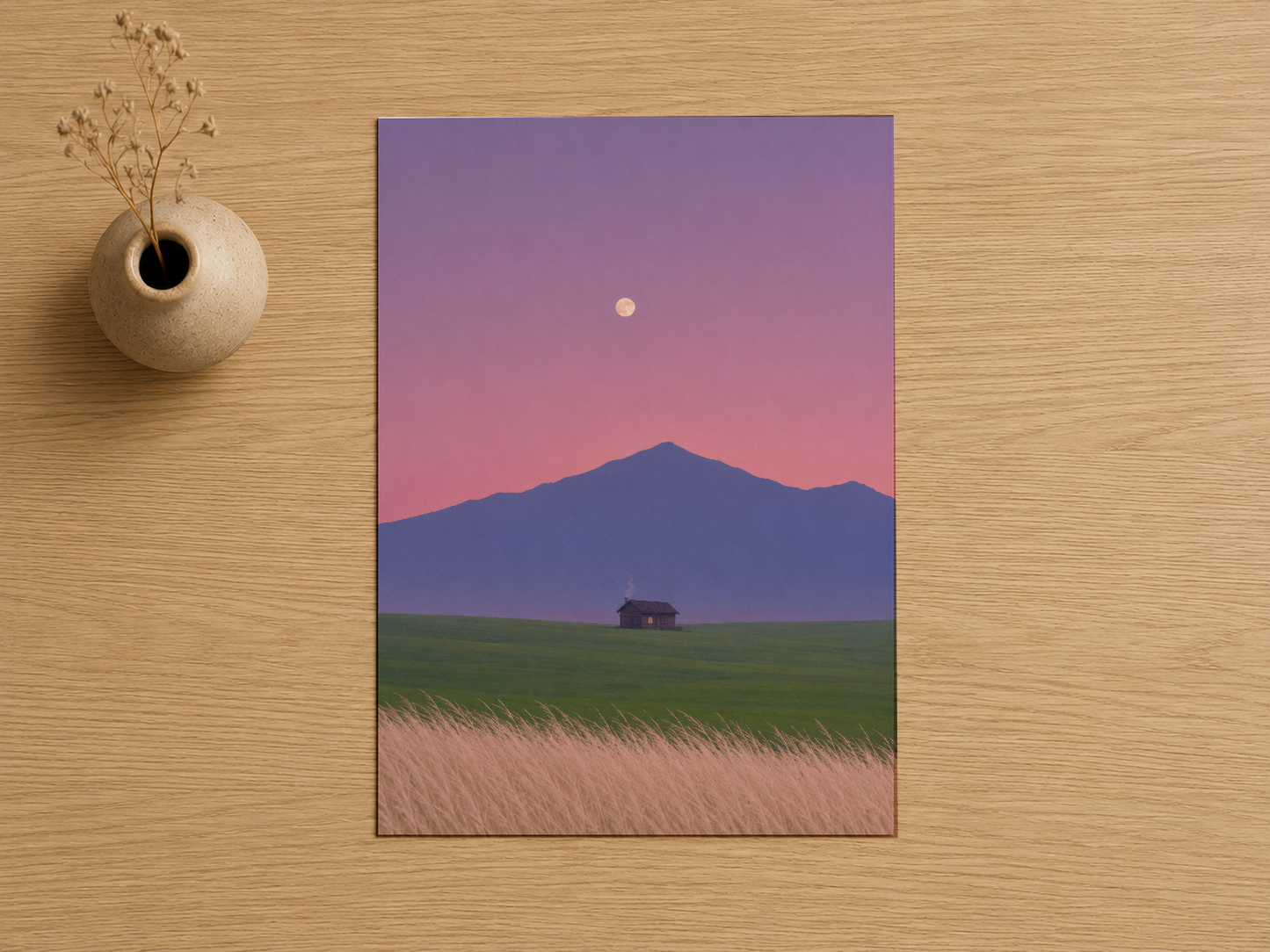 Ay ışığında dağ manzarası ve buğday tarlası tasarımlı modern sanat baskısı.
