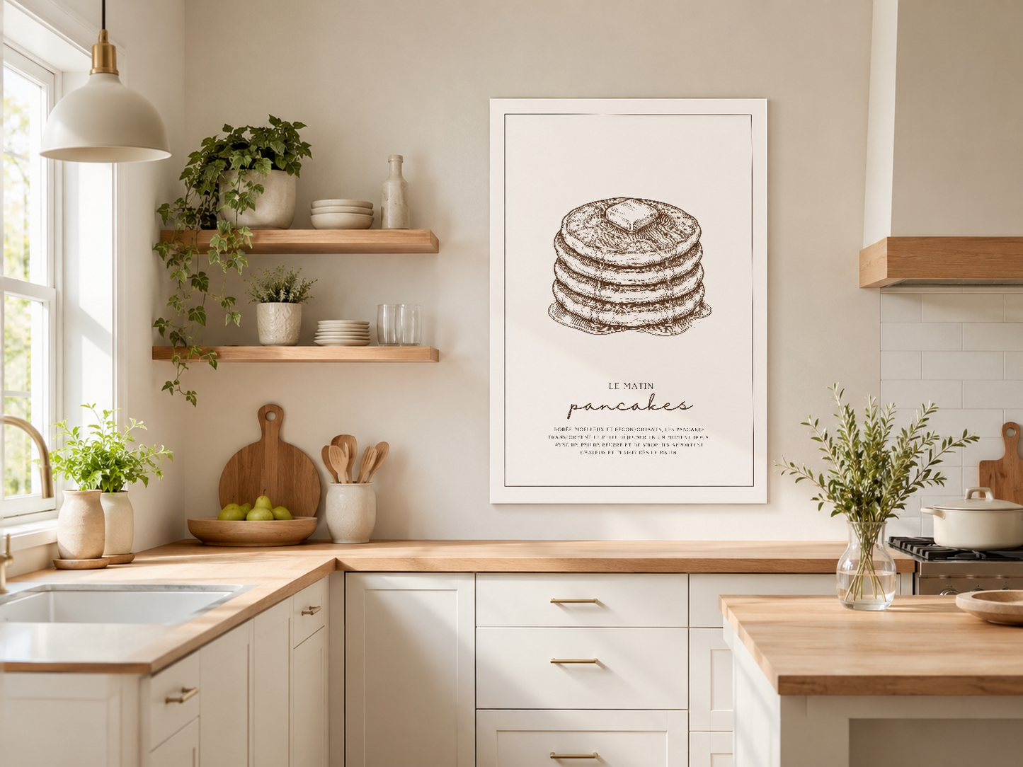 Le Matin Pancakes sanat baskısı, minimalist mutfak dekorasyonu, sınırlı yazılı tasarım.
