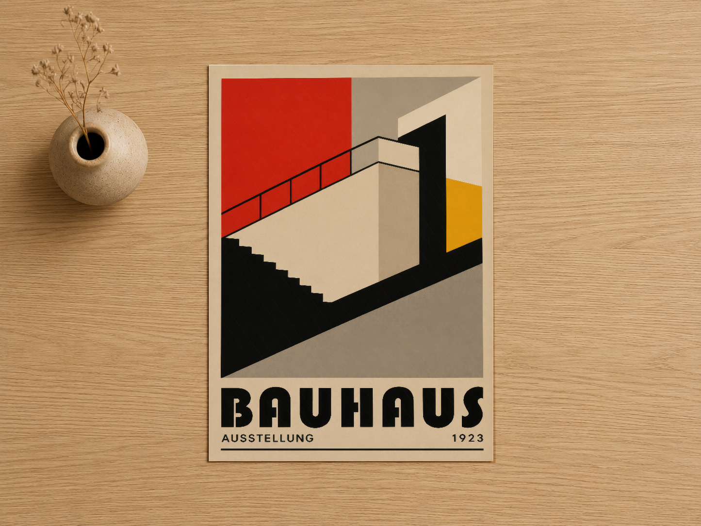 1923 Bauhaus Ausstellung tablosu, kırmızı, sarı ve siyah geometrik şekillerle tasarlanmış ikonik sanat baskısı.