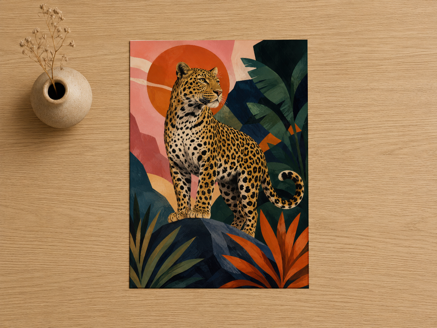 Turuncu güneş ve tropikal bitkilerin arasında duran leopar tablosu, ahşap zeminde.