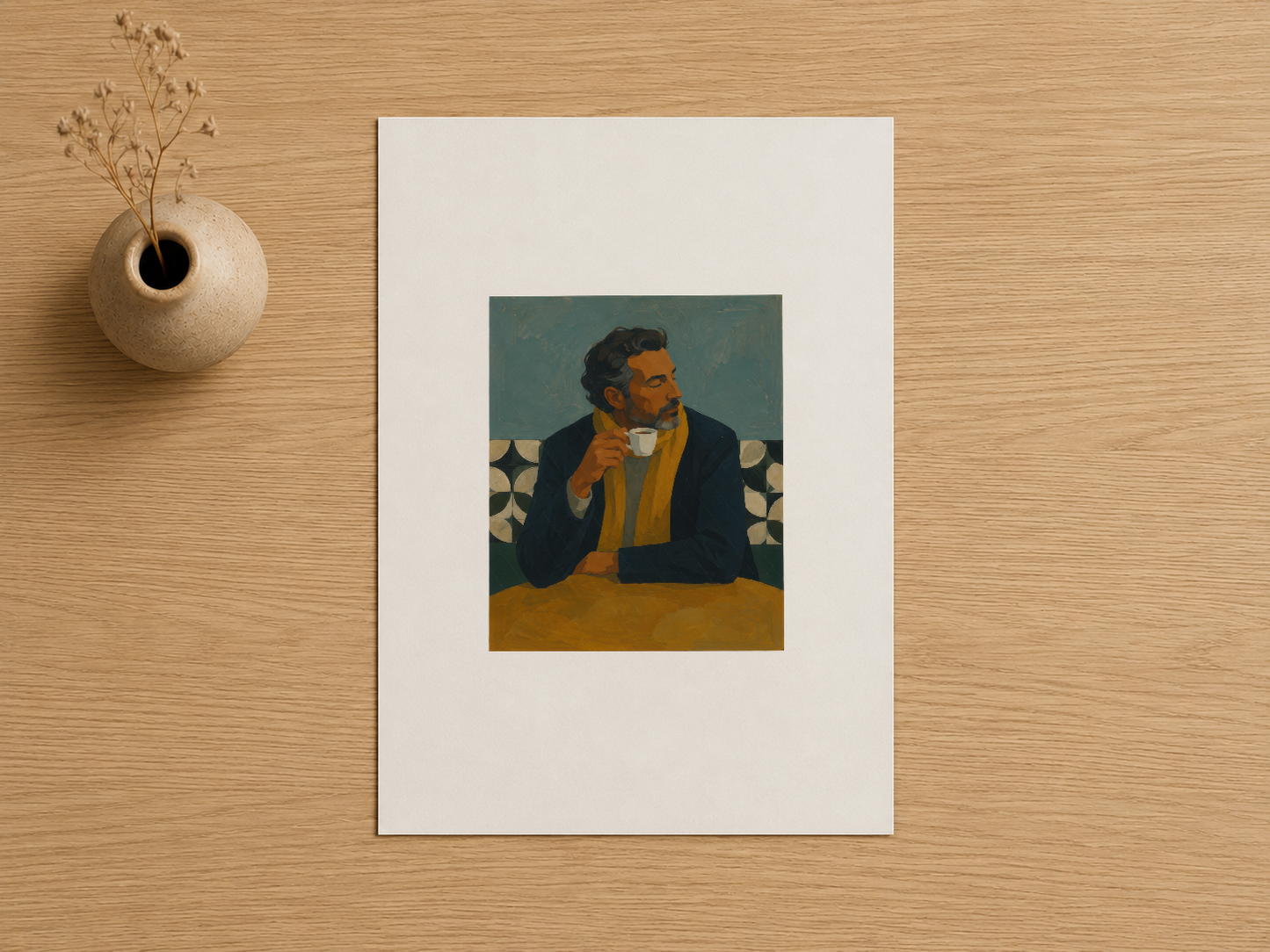 Sarı ve lacivert tondaki düşünceli erkek portresini gösteren sanat baskısı, beyaz bordürle çerçevelenmiş.