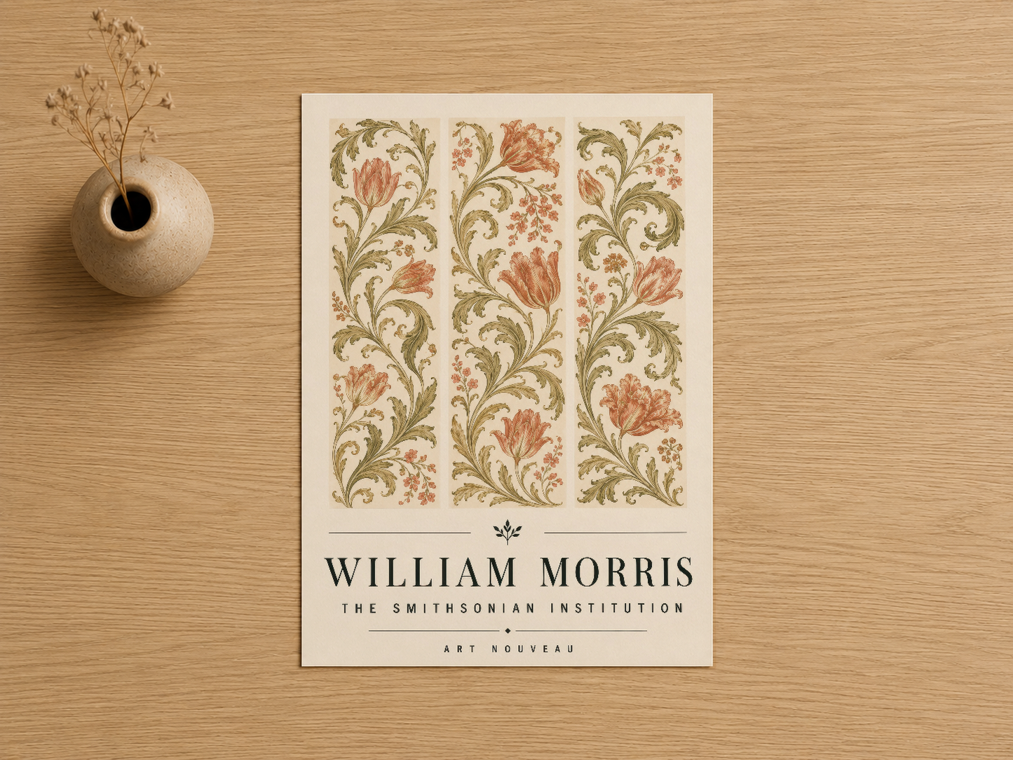William Morris imzalı Art Nouveau çiçek deseni tablosu, vintage estetik duvar sanatı.