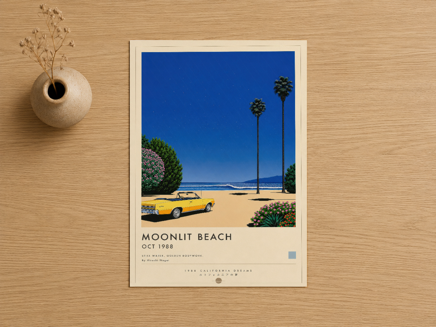 Sarı vintage otomobil ve turkuaz gökyüzüyle 1988 Moonlit Beach vintage stil poster.