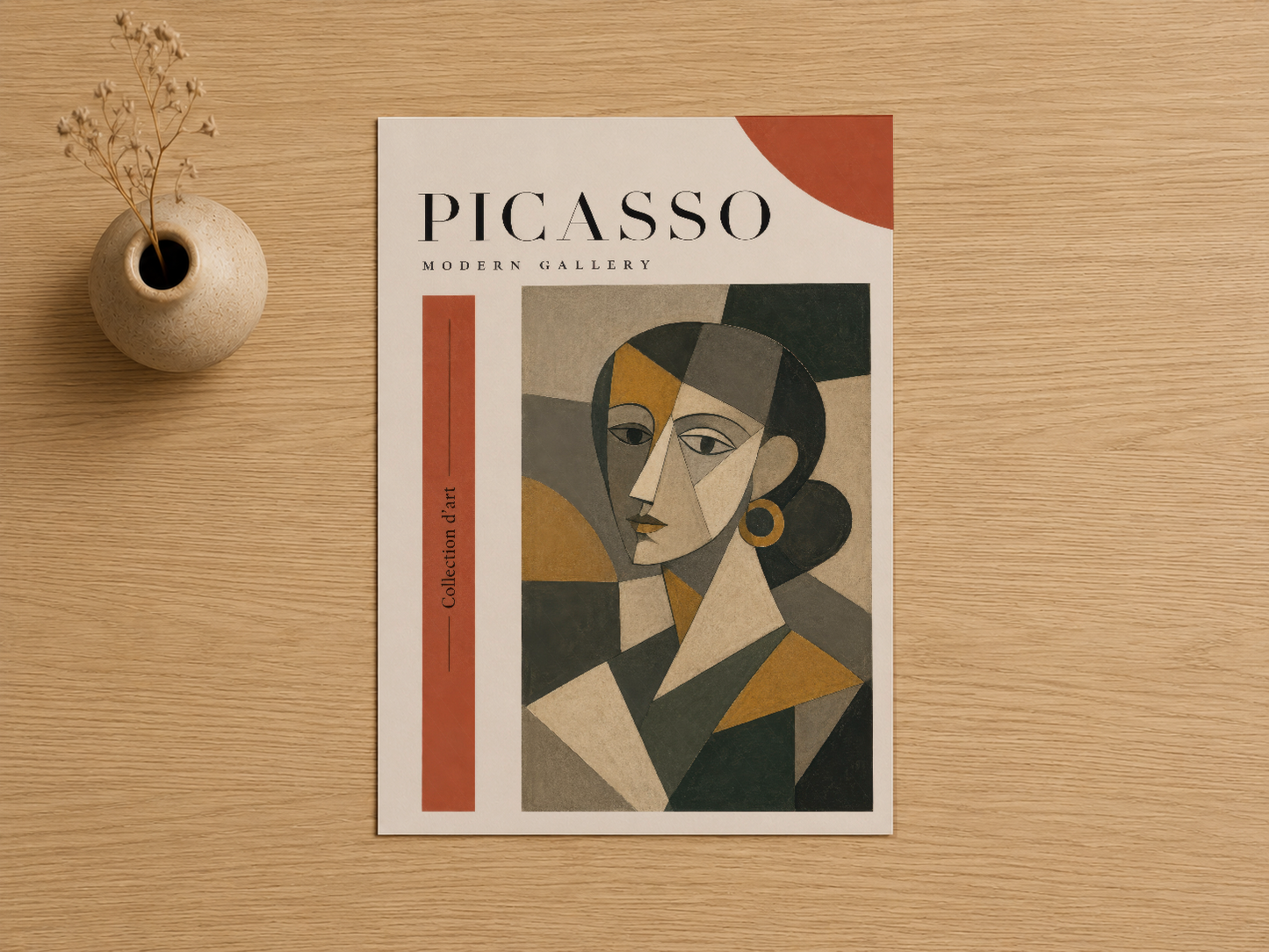 Picasso Modern Gallery posteri, turuncu ve siyah tonlardaki kübist kadın portresinin, canlı renk paletine karşı ön planda