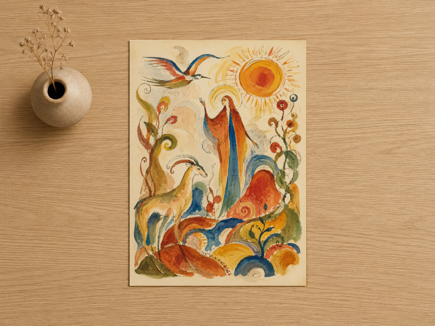 Folklorik sanat tarzında kuşlar, bitkiler ve güneş sembolü ile dolu dekoratif duvar tablosu.