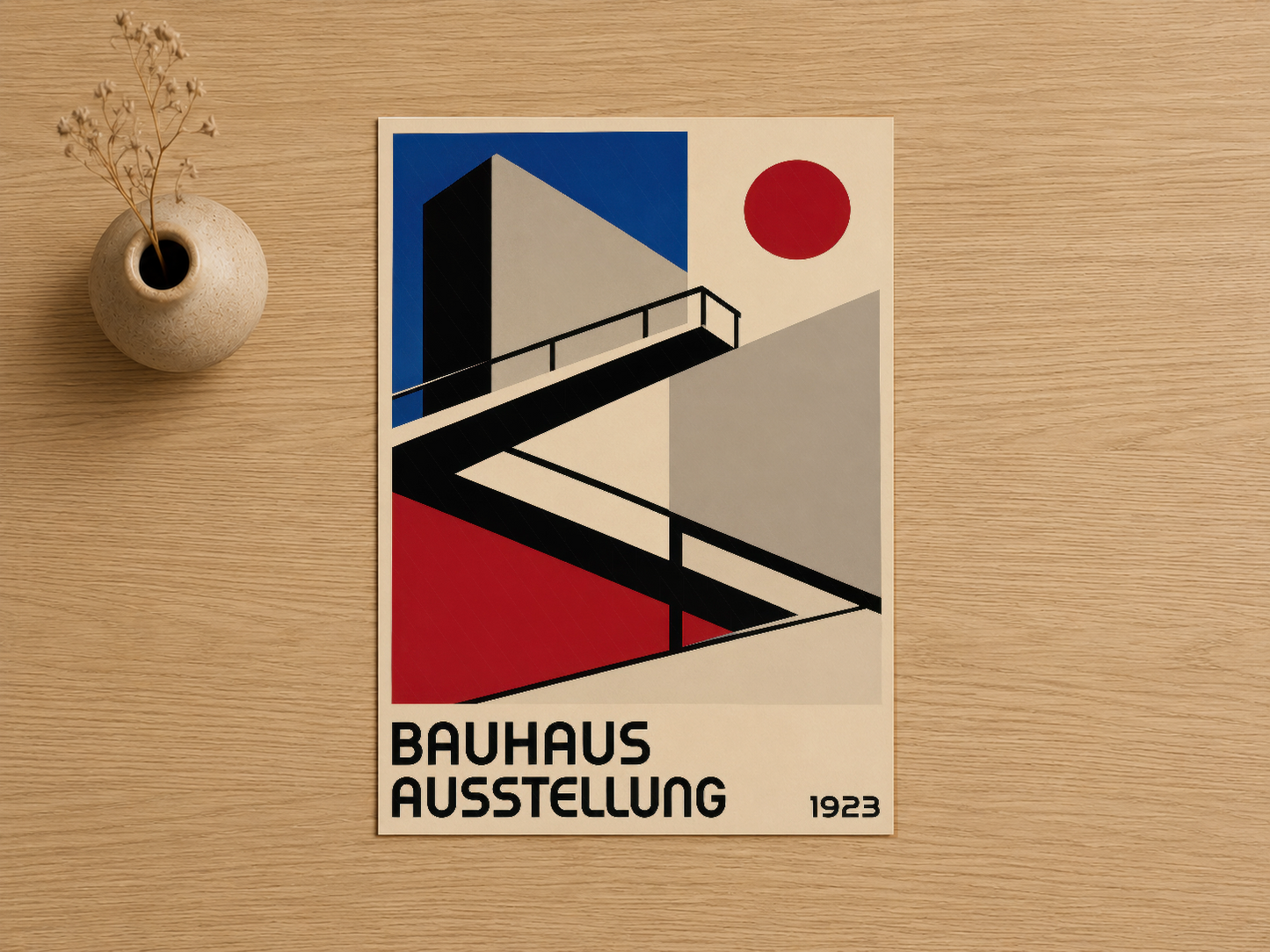 1923 Bauhaus Ausstellung poster, siyah merdiven ve geometrik şekiller ile sanat tarihinin ikonik tasarımı.