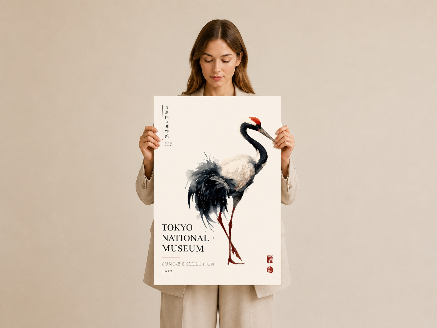Kırmızı başlı turnanın zarafetini Japon sanat geleneğine uygun siyah-beyaz mürekkep tekniğiyle gösteren poster.