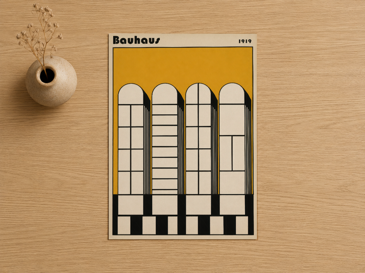 1919 Bauhaus stilindeki ikonik pencere tasarımı sarı arka planda, minimalista duvar sanatı tablosu.