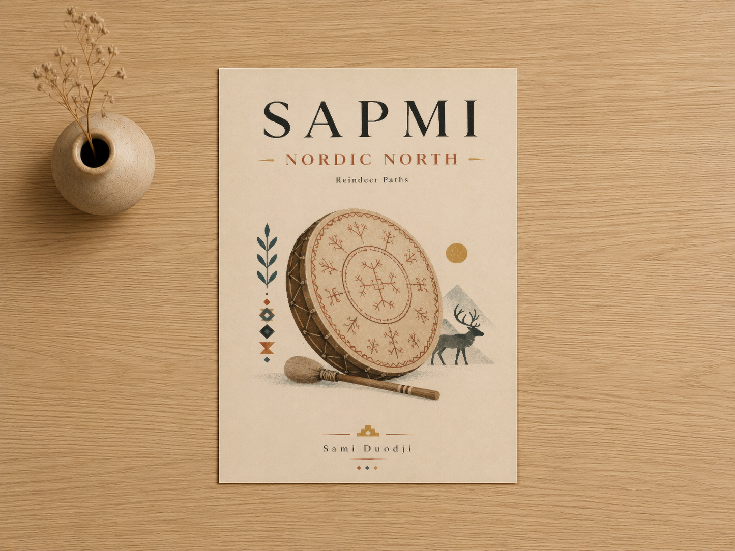 Sapmi Nordic North duvar tablosu, şamanik davul, geyik ve botanik öğeler içeren etnik sanat baskısı.