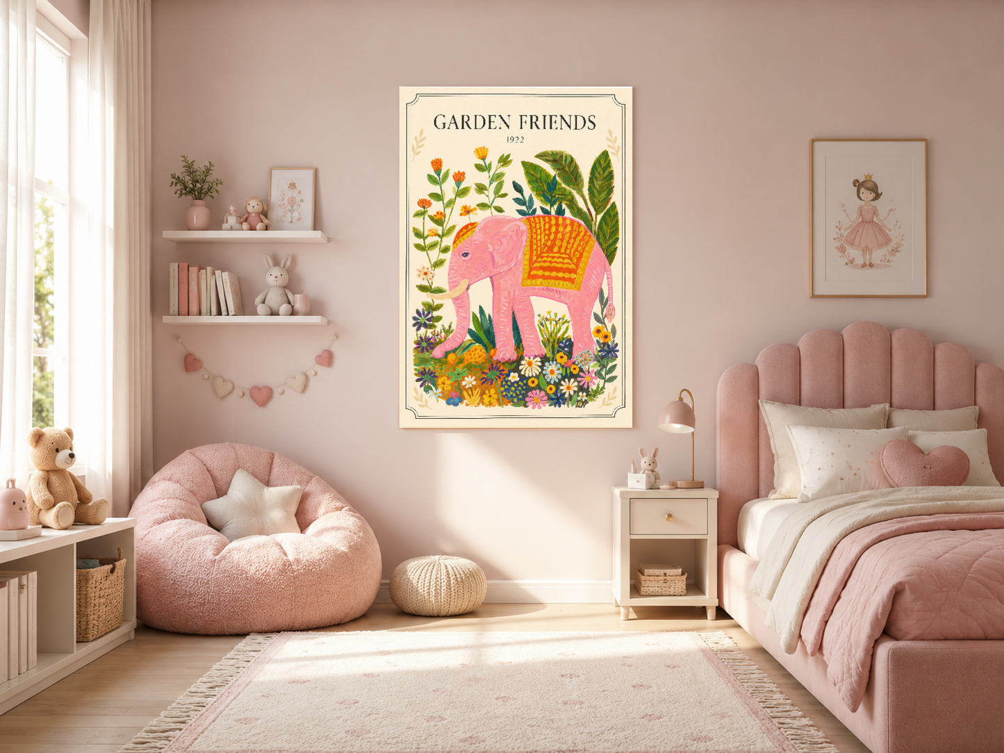 Pembe fil ve çiçek desenli retro stil duvar sanatı, pastel pembe yatak odasında sergilenen poster.