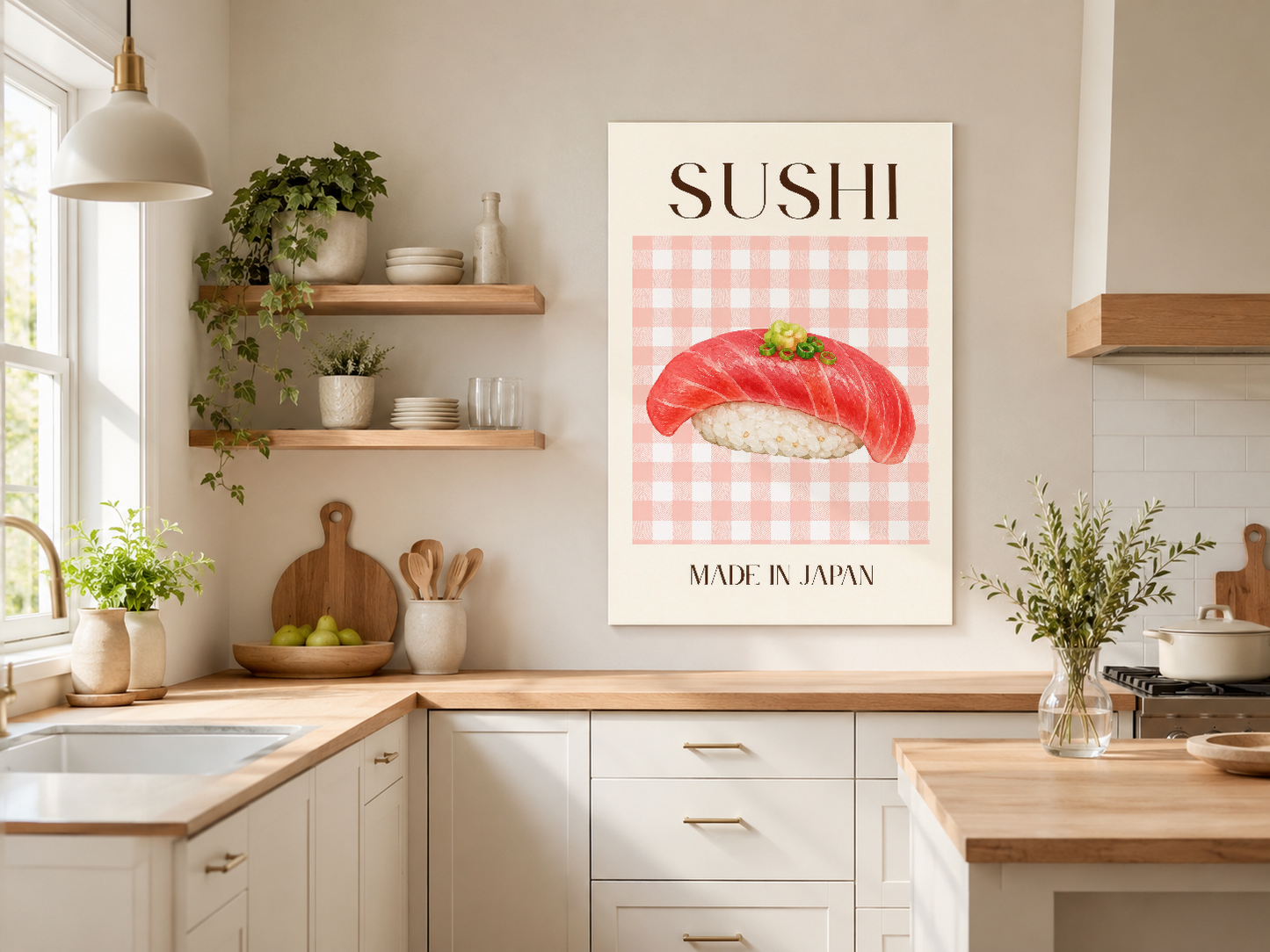 Canlı renklerde sushi sanat baskısı, modern mutfak tasarımında asılı, gıda temalı sanatsal poster.