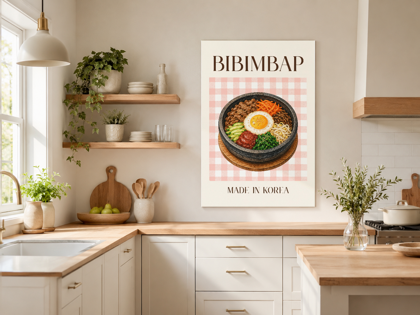 Bibimbap temalı poster, Made in Korea yazılı, açık ve aydınlık mutfak alanında duvar sanatı.
